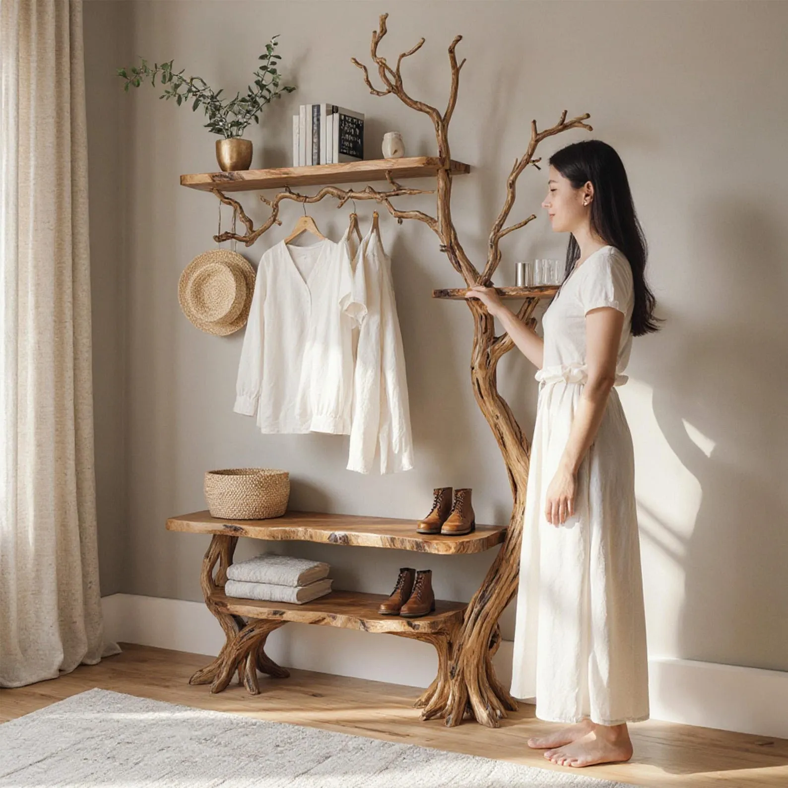 Natural tree coat rack wall mount coat hook tree branch bookshelf shoe storage driftwood branch hanger living room decoration - Image 4