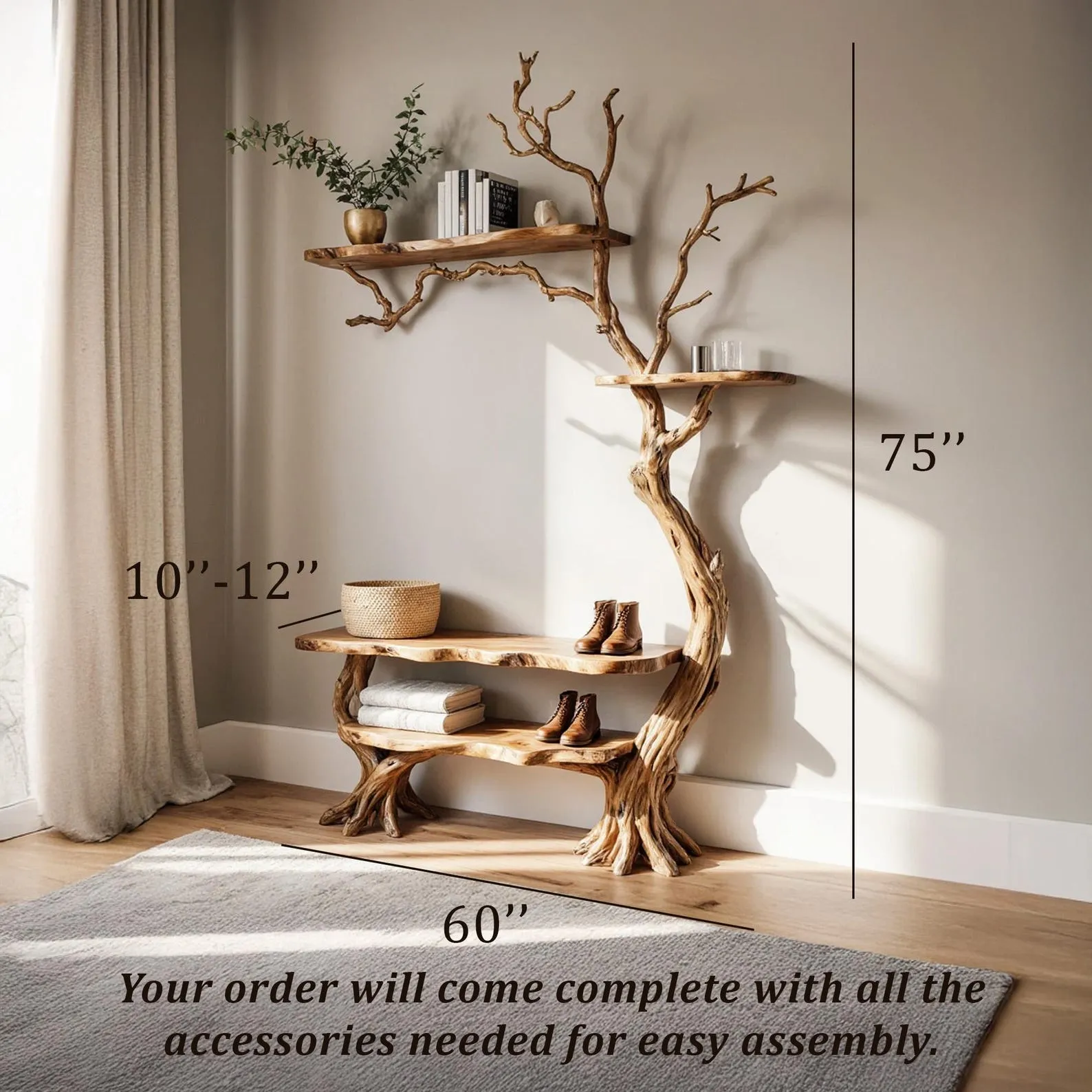 Natural tree coat rack wall mount coat hook tree branch bookshelf shoe storage driftwood branch hanger living room decoration - Image 7