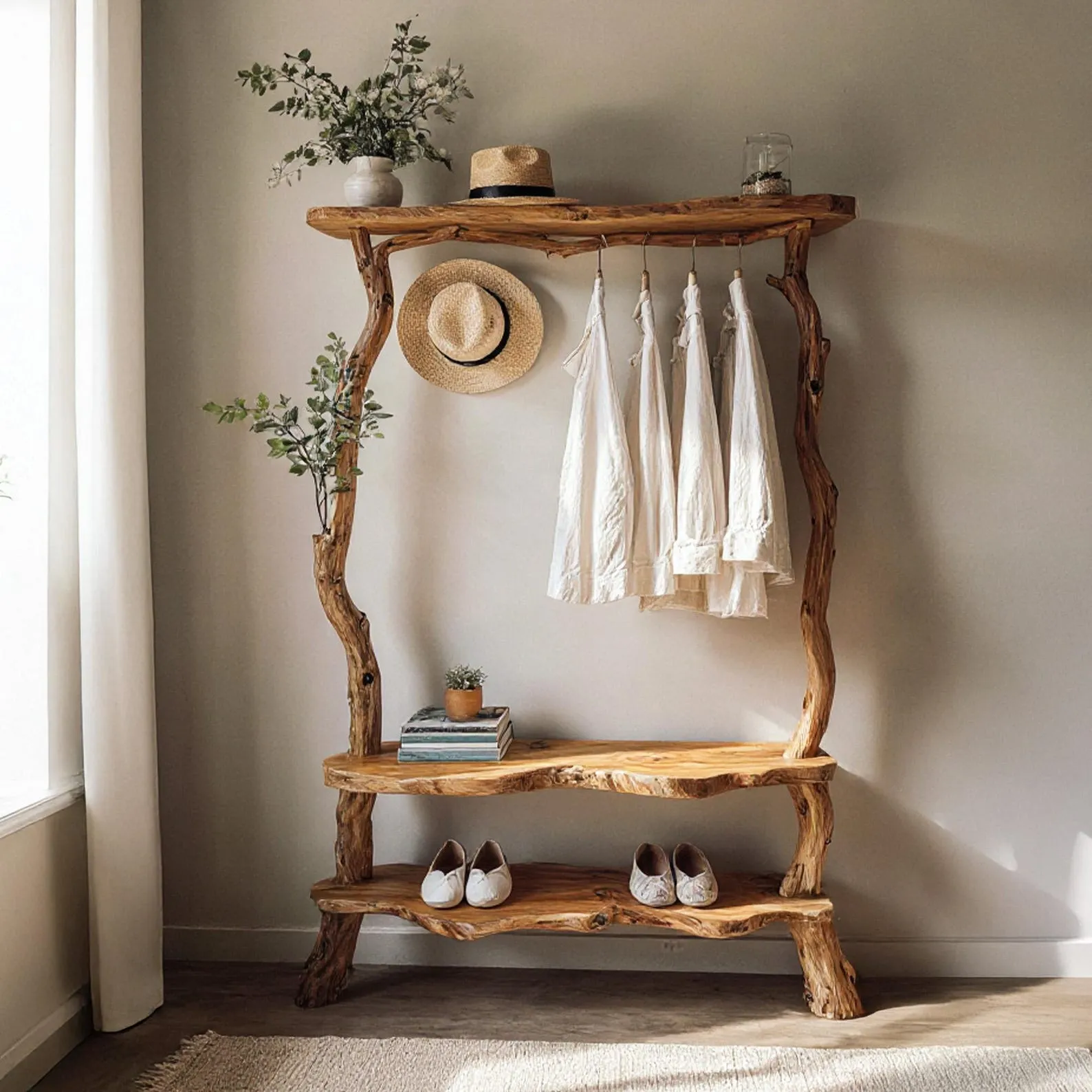 Tree branch coat hooks driftwood coat rack solid wood tree shelf shoe storage wall mount wood branch handcrafted unique furniture