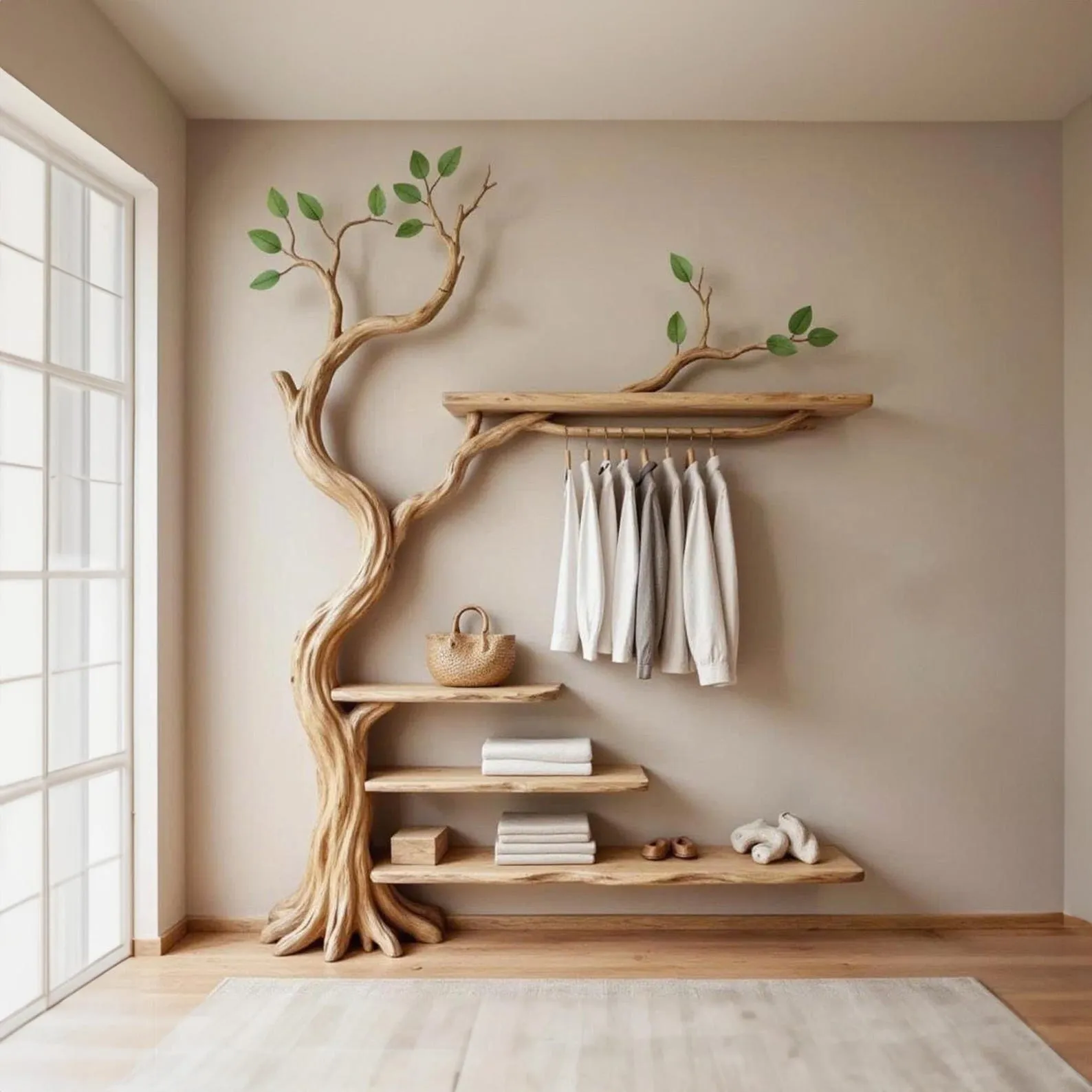 Tree branch coat rack wall mount decorative coat hooks solid wood shelves on wall driftwood sculpture art unique handmade furniture