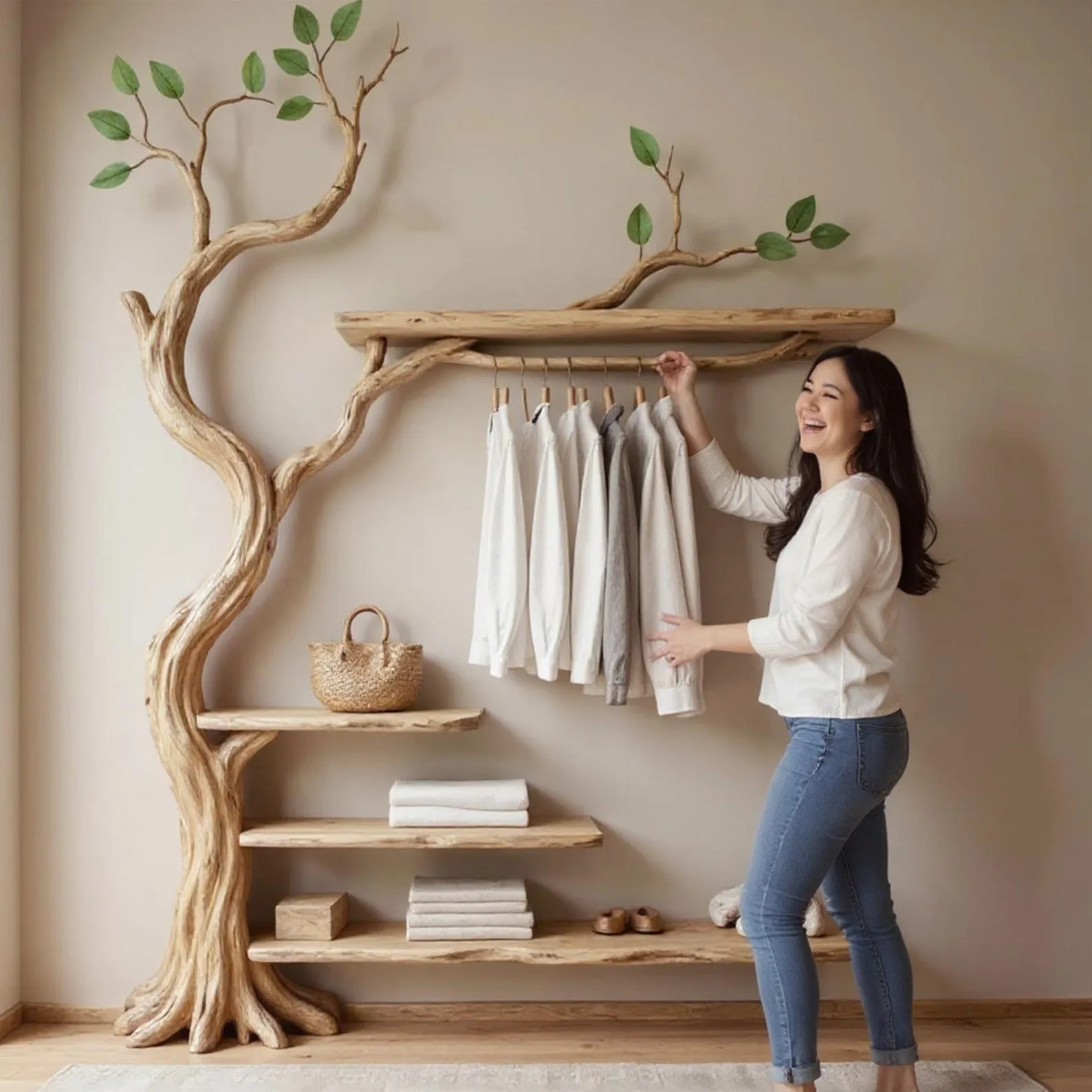 Tree branch coat rack wall mount decorative coat hooks solid wood shelves on wall driftwood sculpture art unique handmade furniture - Image 2