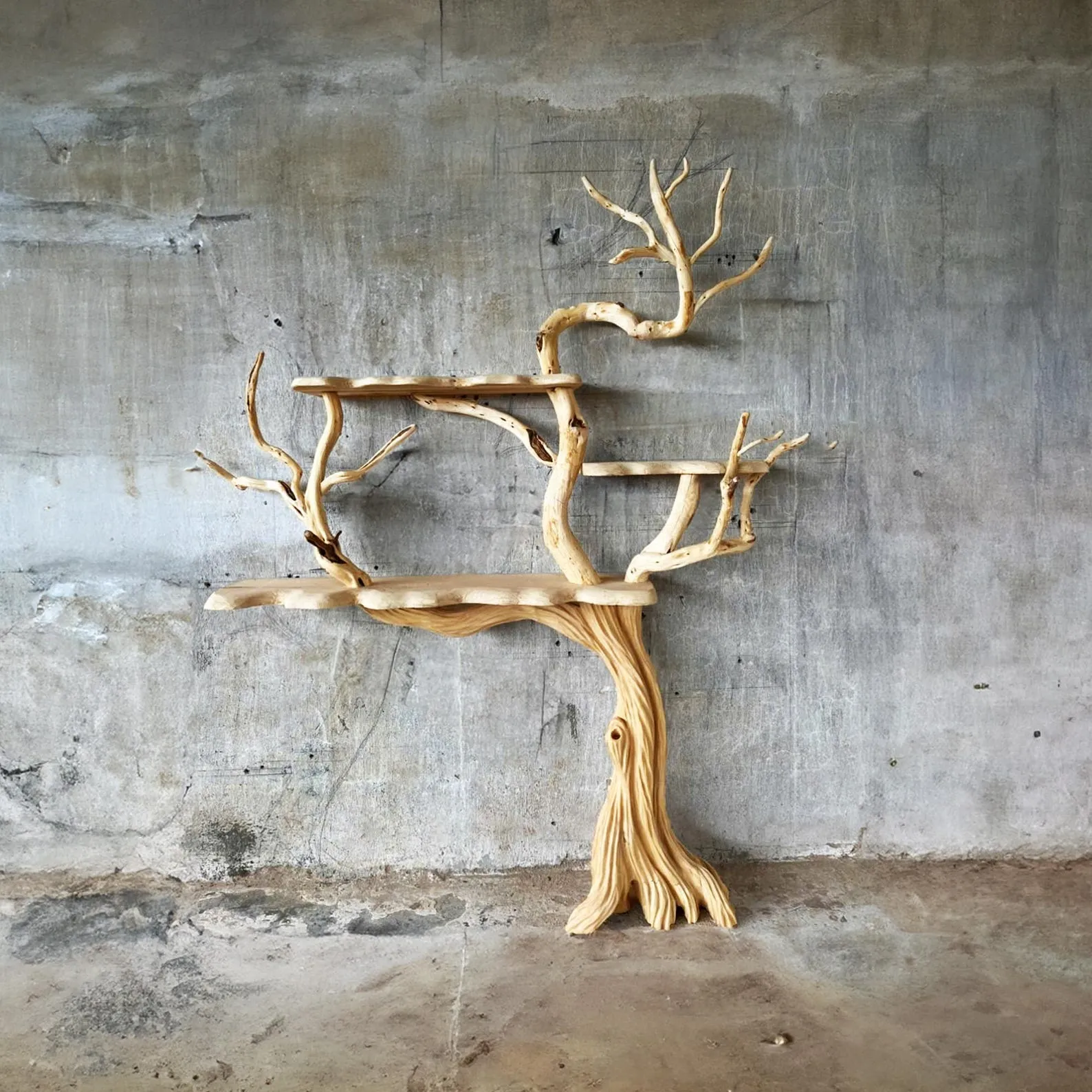 Tree branch bookshelf driftwood branch handcrafted wood art custom floating shelves on wall for home decoration