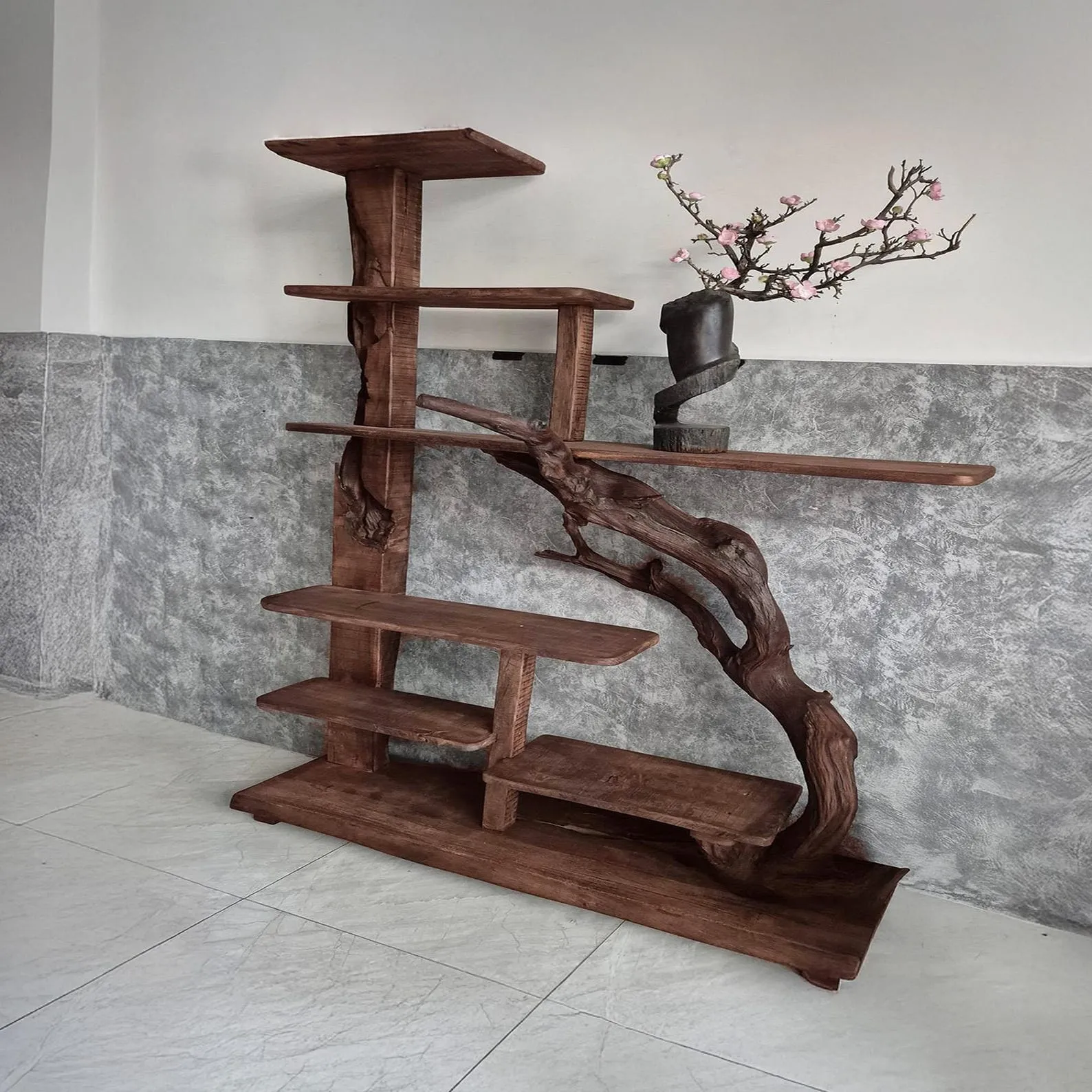 Free standing bookshelf solid wood bookcase driftwood carving art handcrafted live edge shelf unique furniture decoration