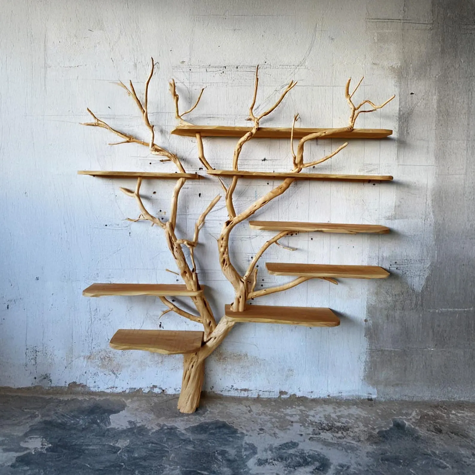 Natural wood bookshelf wall mounted driftwood branch custom floating shelves handmade furniture