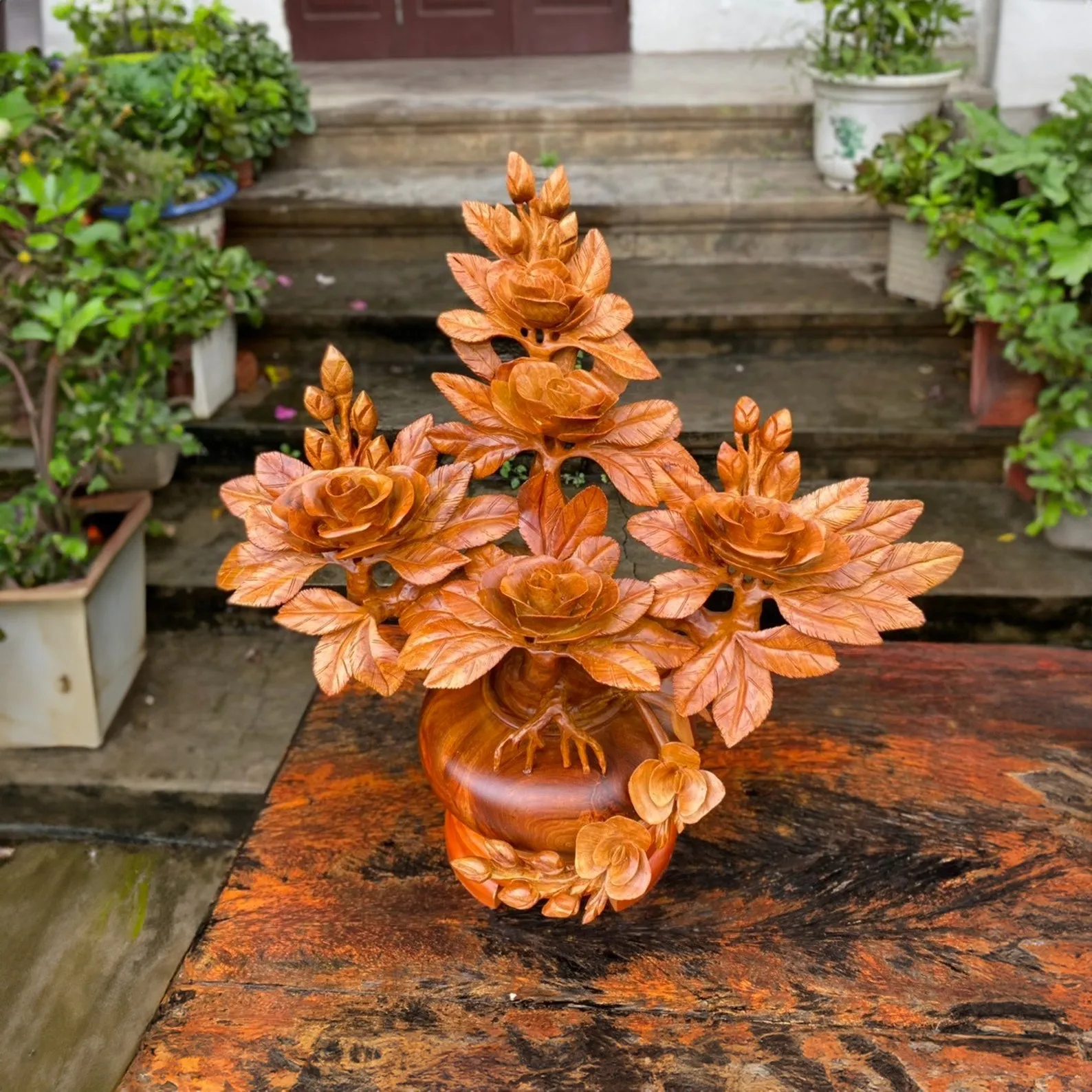 Wood carving bonsai tree sculpture stand bonsai pot handmade room decor