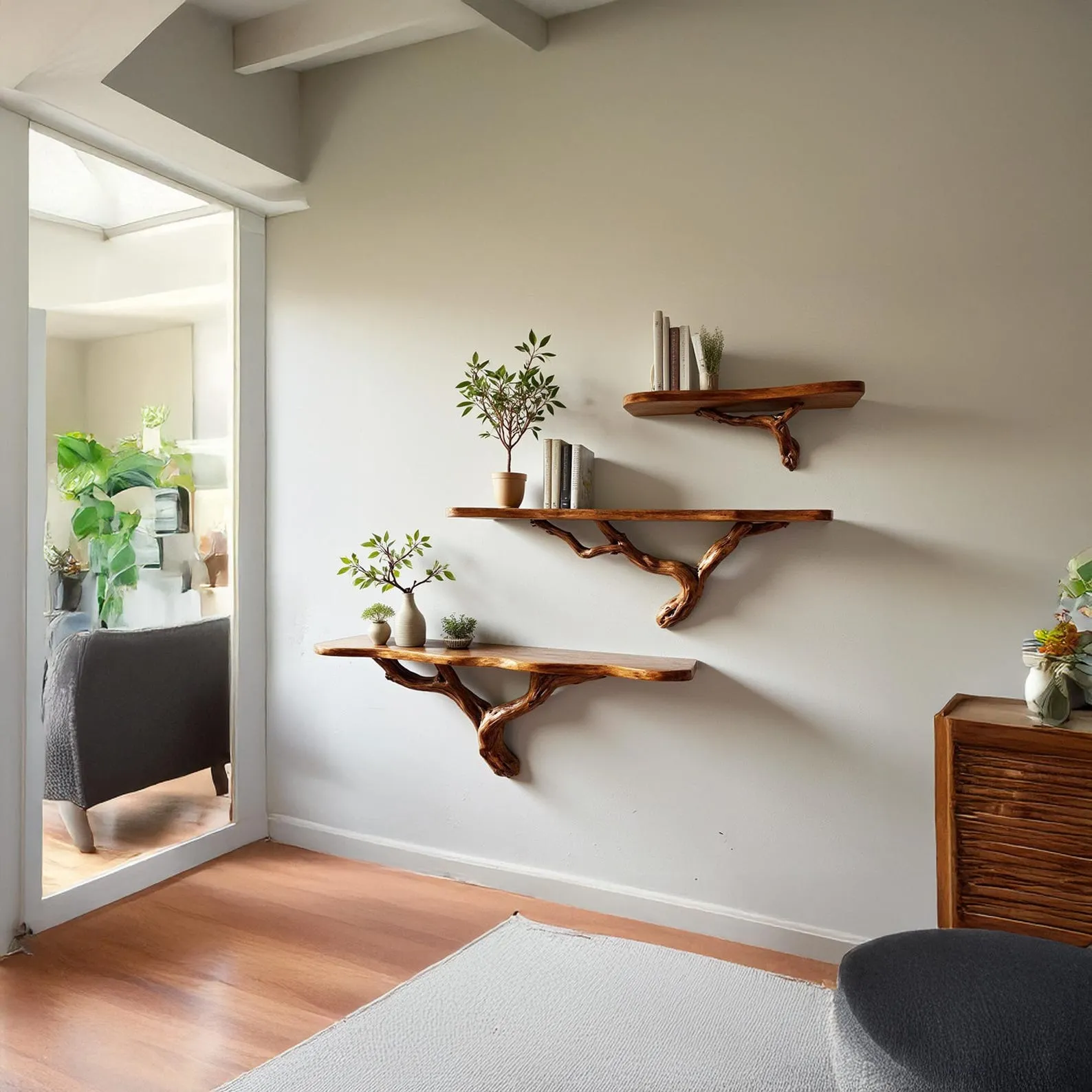 Natural driftwood shelf rustic console table solidwood bookshelf wall mount unique tree bracnh bookshelves decor - Image 6