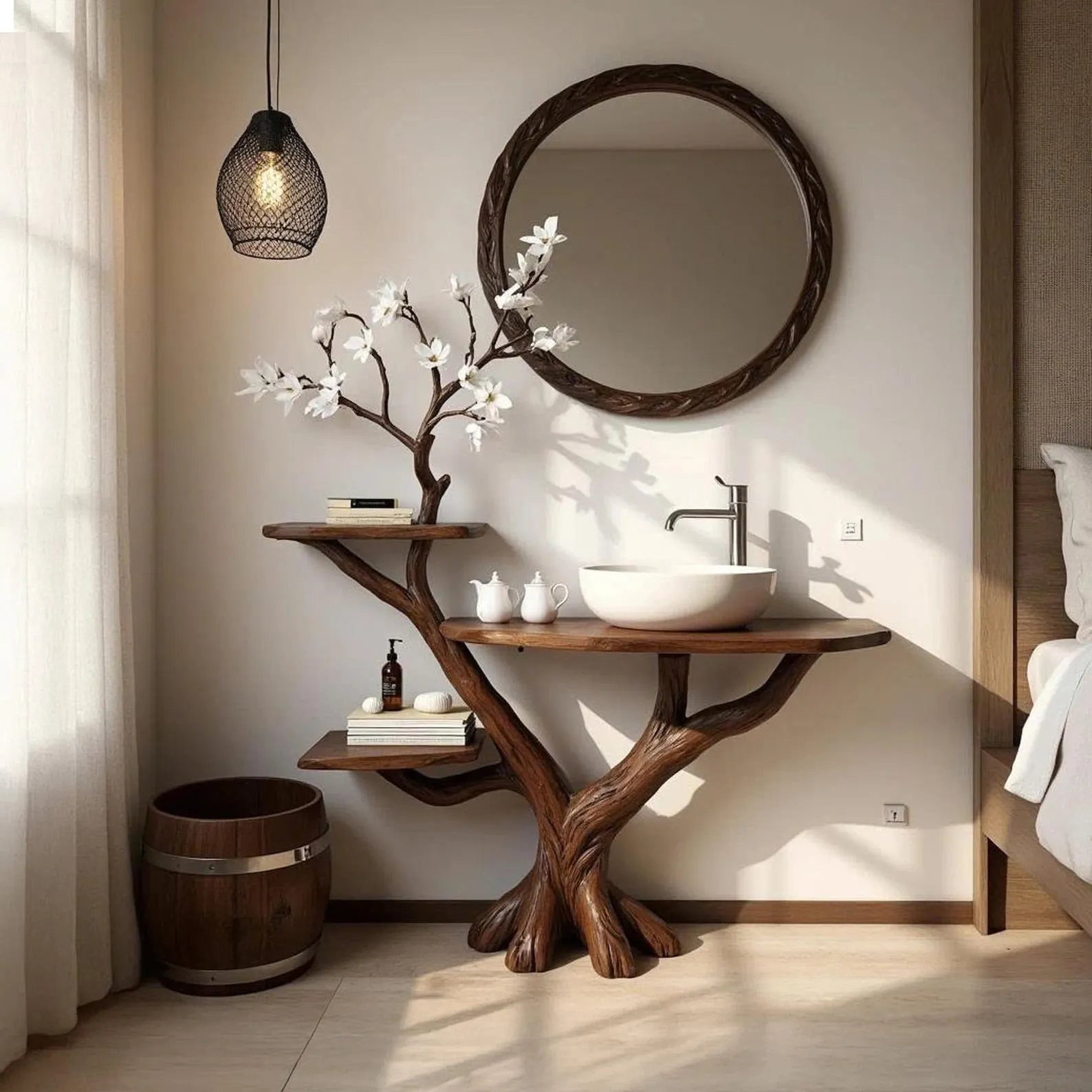 Driftwood tree branch bathroom vanity sink shelf stand solid wood floating table wash sink furniture