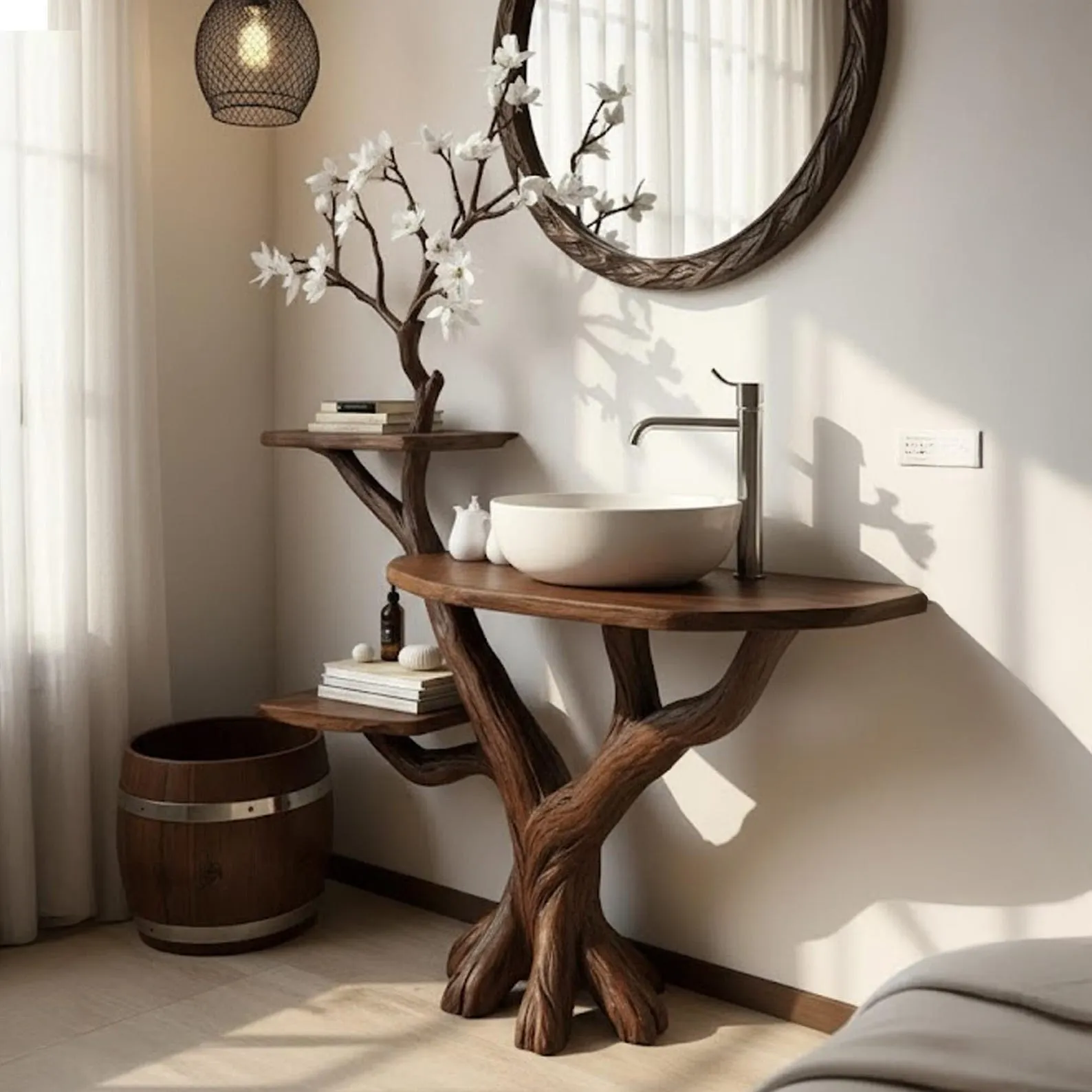 Driftwood tree branch bathroom vanity sink shelf stand solid wood floating table wash sink furniture - Image 2