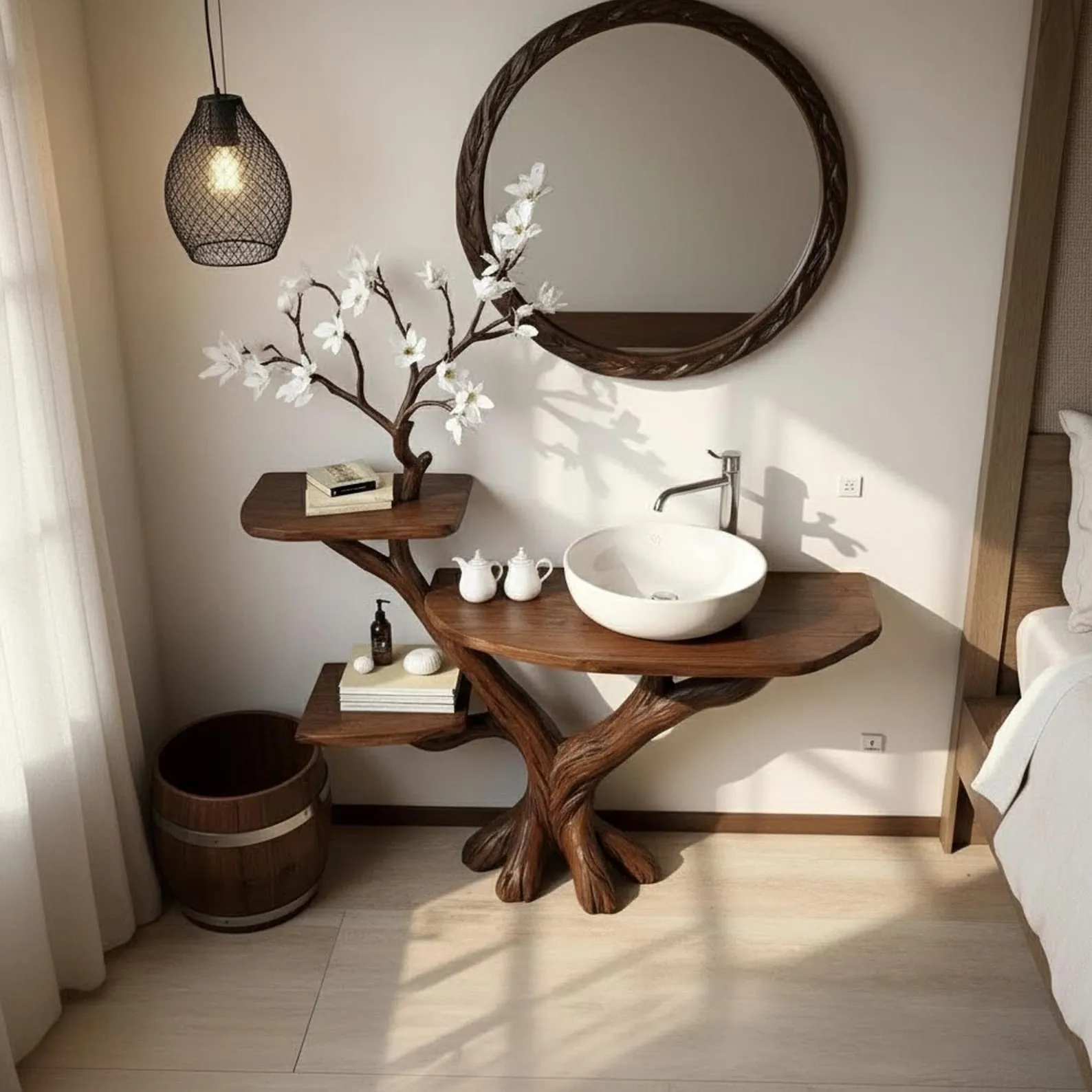 Driftwood tree branch bathroom vanity sink shelf stand solid wood floating table wash sink furniture - Image 3