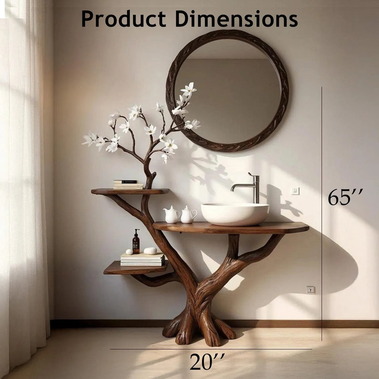 Driftwood tree branch bathroom vanity sink shelf stand solid wood floating table wash sink furniture - Image 4