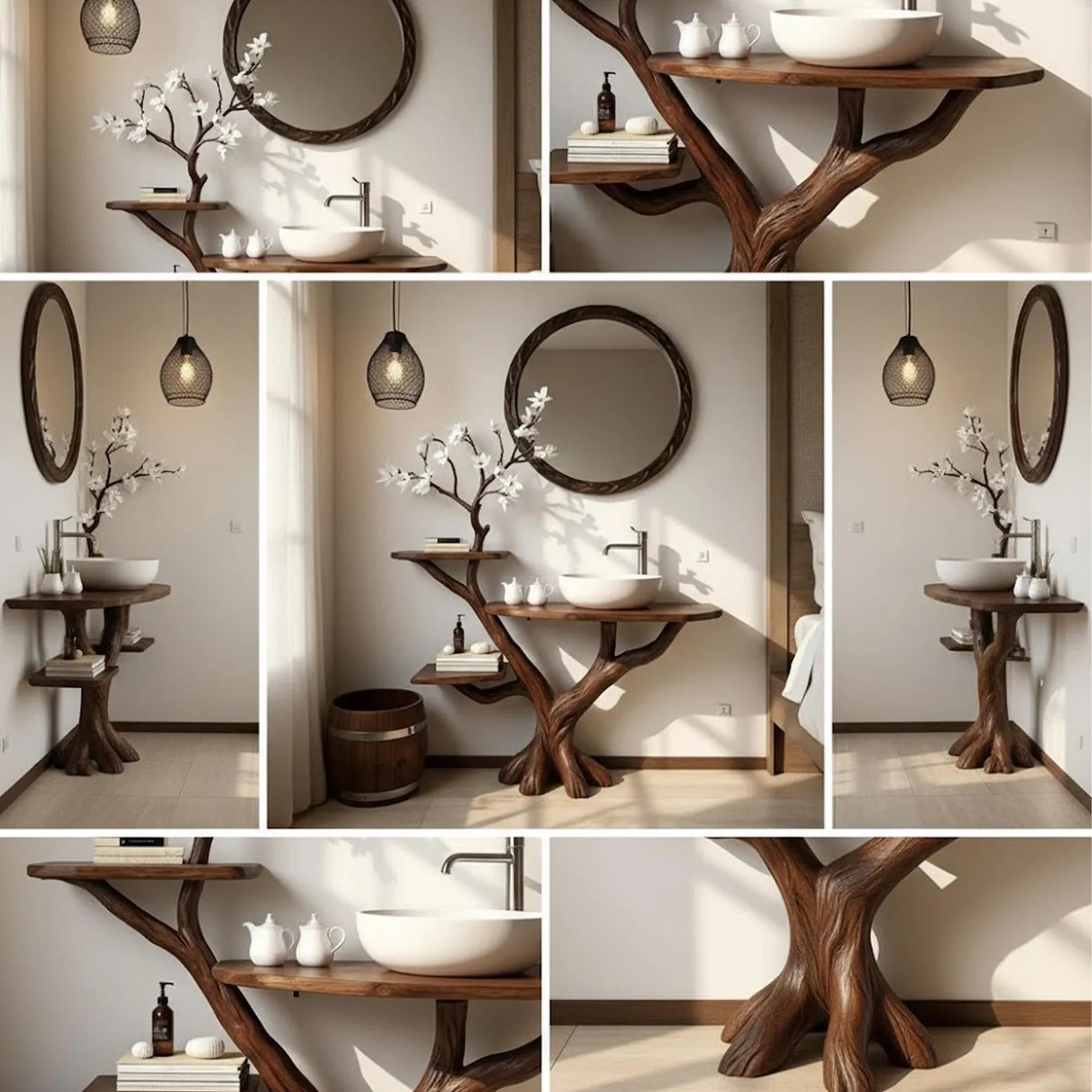 Driftwood tree branch bathroom vanity sink shelf stand solid wood floating table wash sink furniture - Image 5