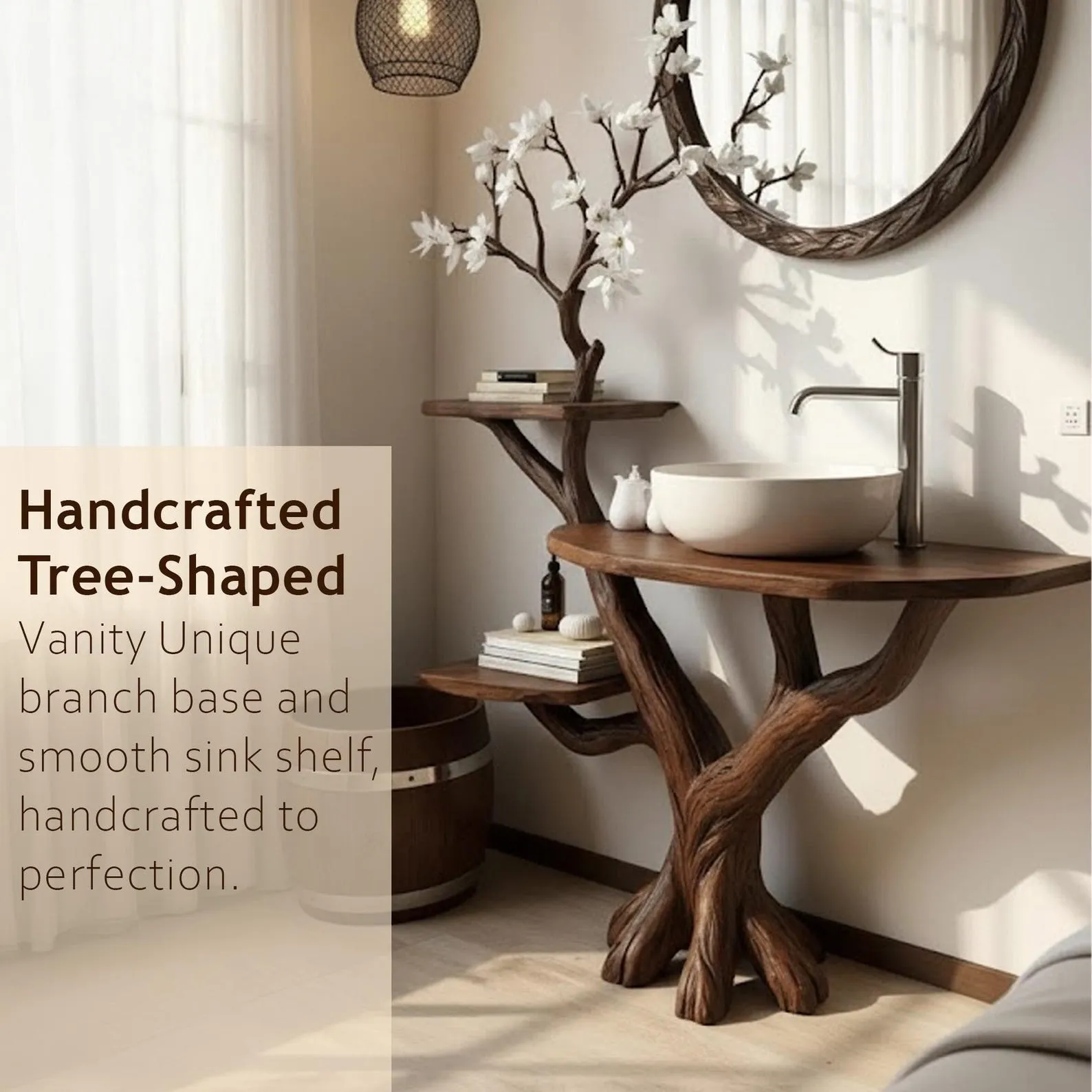 Driftwood tree branch bathroom vanity sink shelf stand solid wood floating table wash sink furniture - Image 6