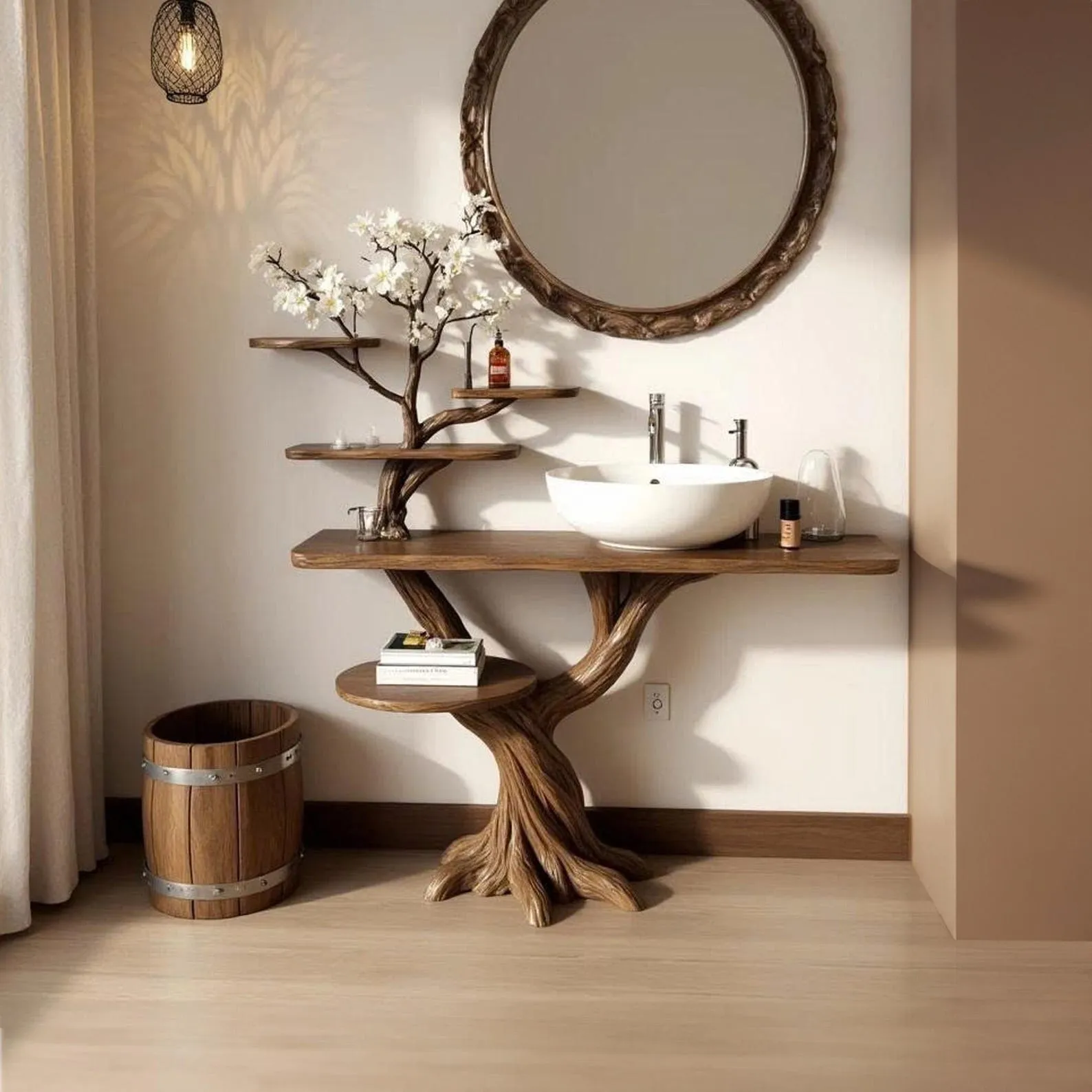 Tree branch wood vanity shelf natural live edge bathroom furniture stand console table countertop organizer