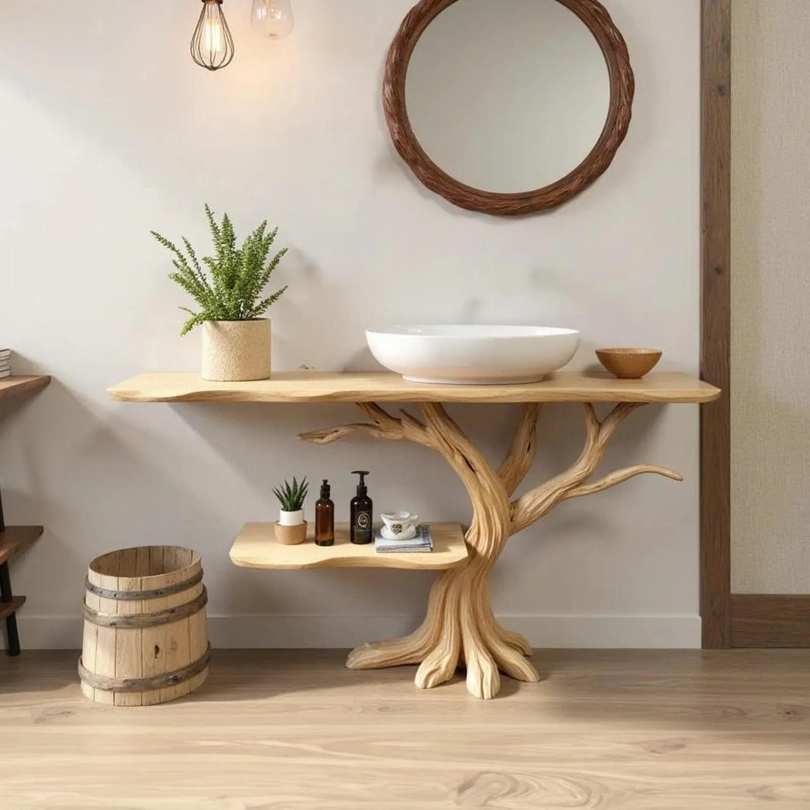 Driftwood bathroom vanity shelf stand solid wood live edge console table shelf bathroom sink stand
