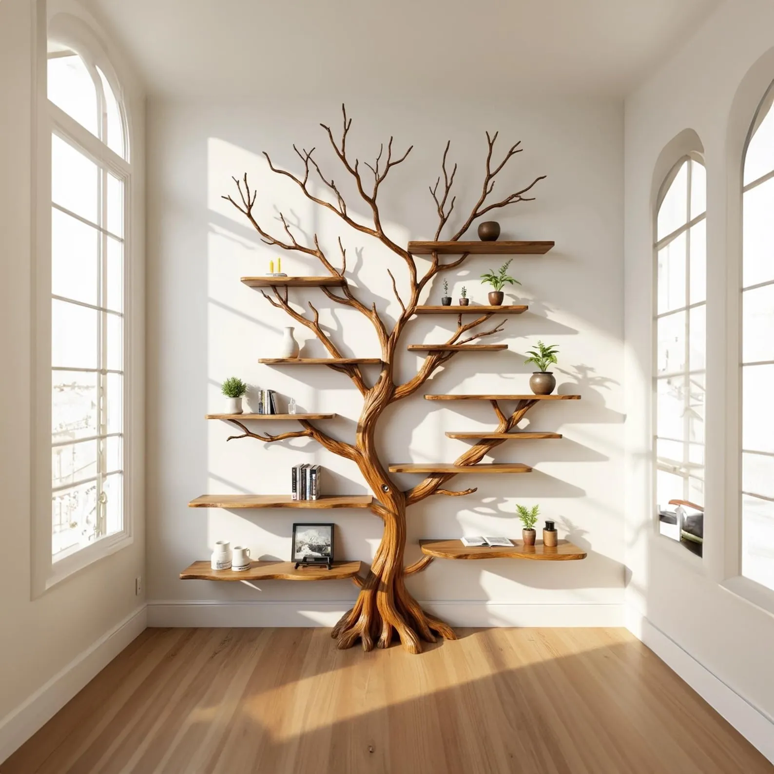 Tree branch bookshelf driftwood shelf art decor wall mounted bookcase handmade furniture for home