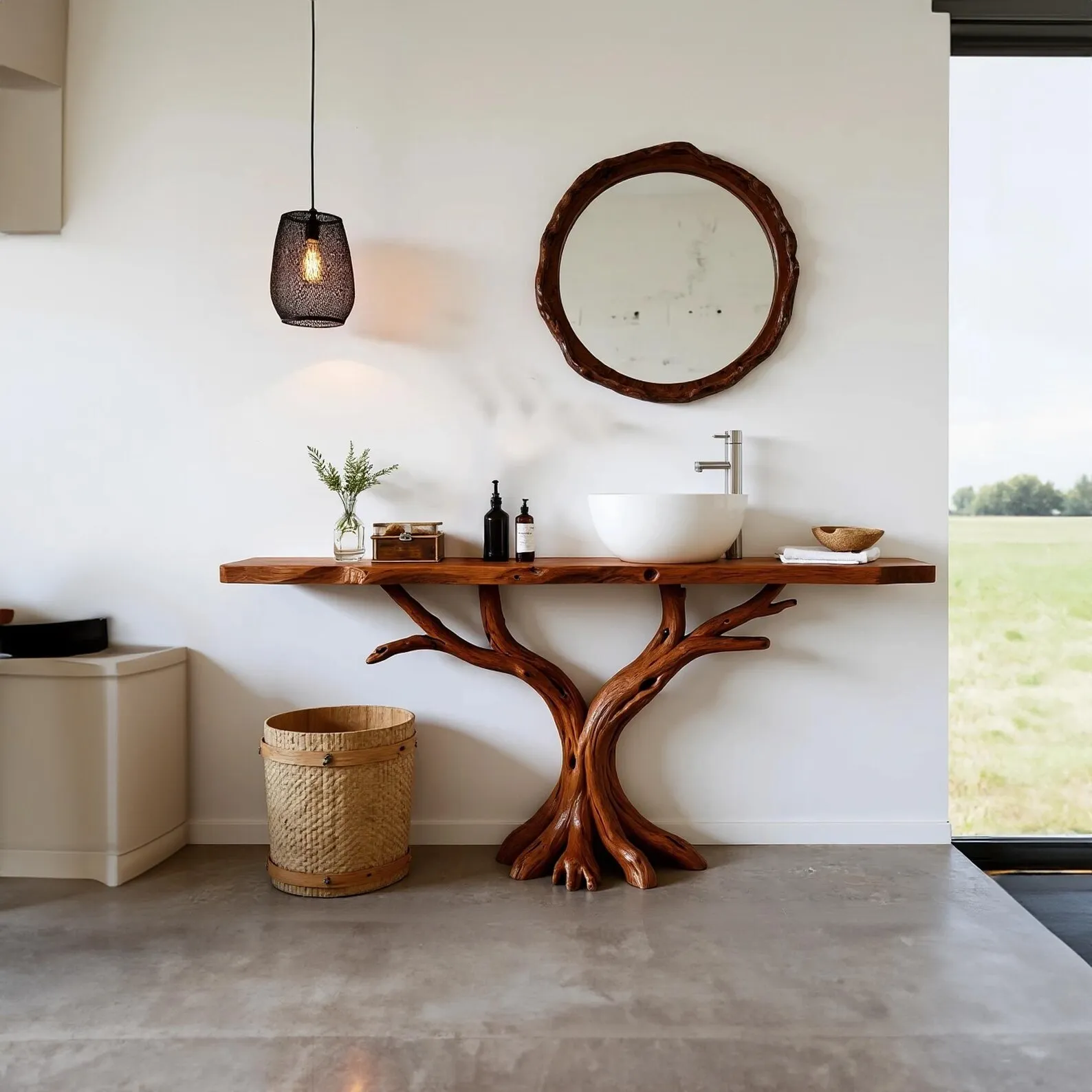 Live edge console table tree root base rustic bathroom vanity shelf wood carving art decor bathroom sink stand handmade furniture