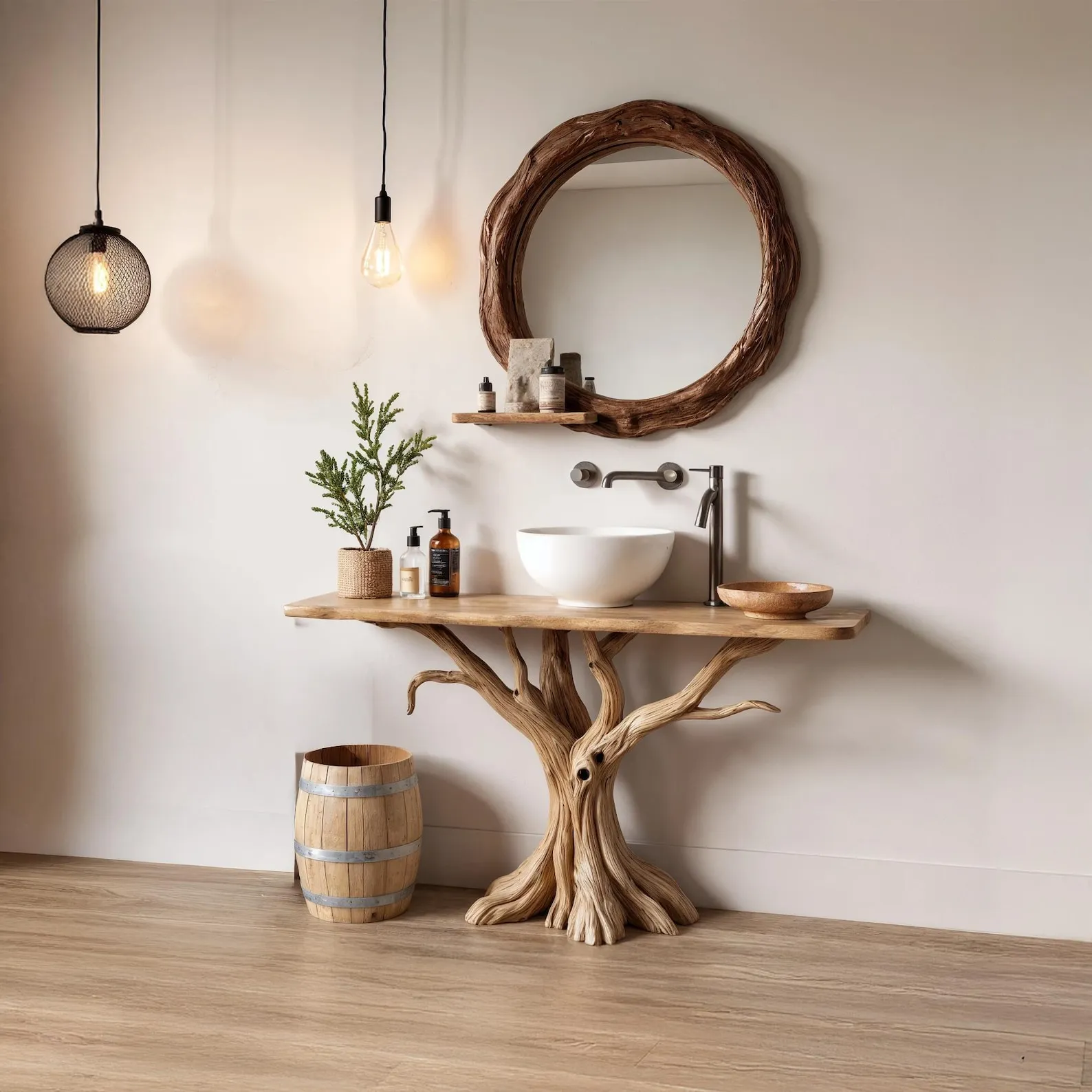 Tree root base live edge console table rustic bathroom vanity shelf wood carving art decor bathroom sink stand handmade furniture