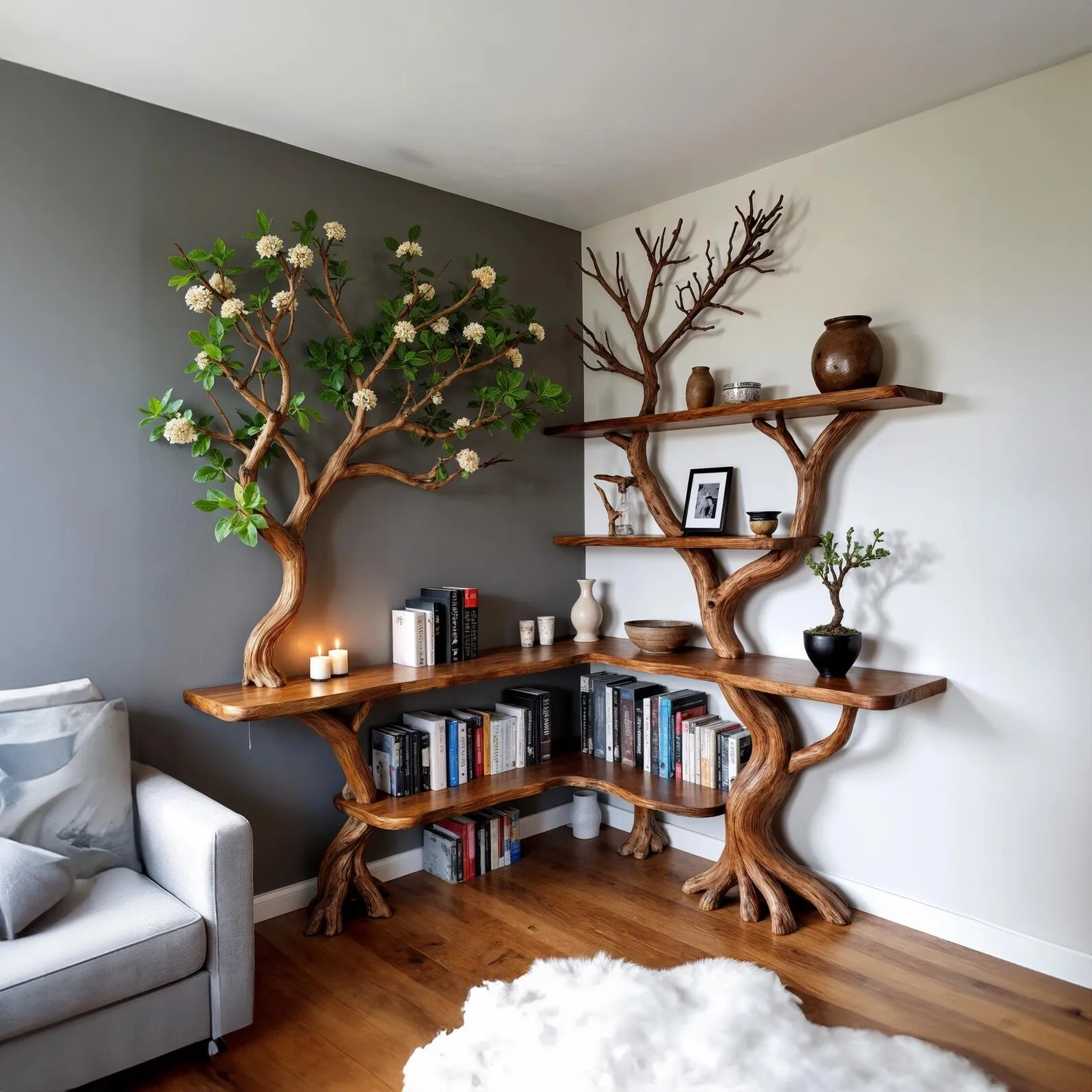 Tree bookshelf driftwood branch shelf art wall mounted bookcase handmade furniture home decor