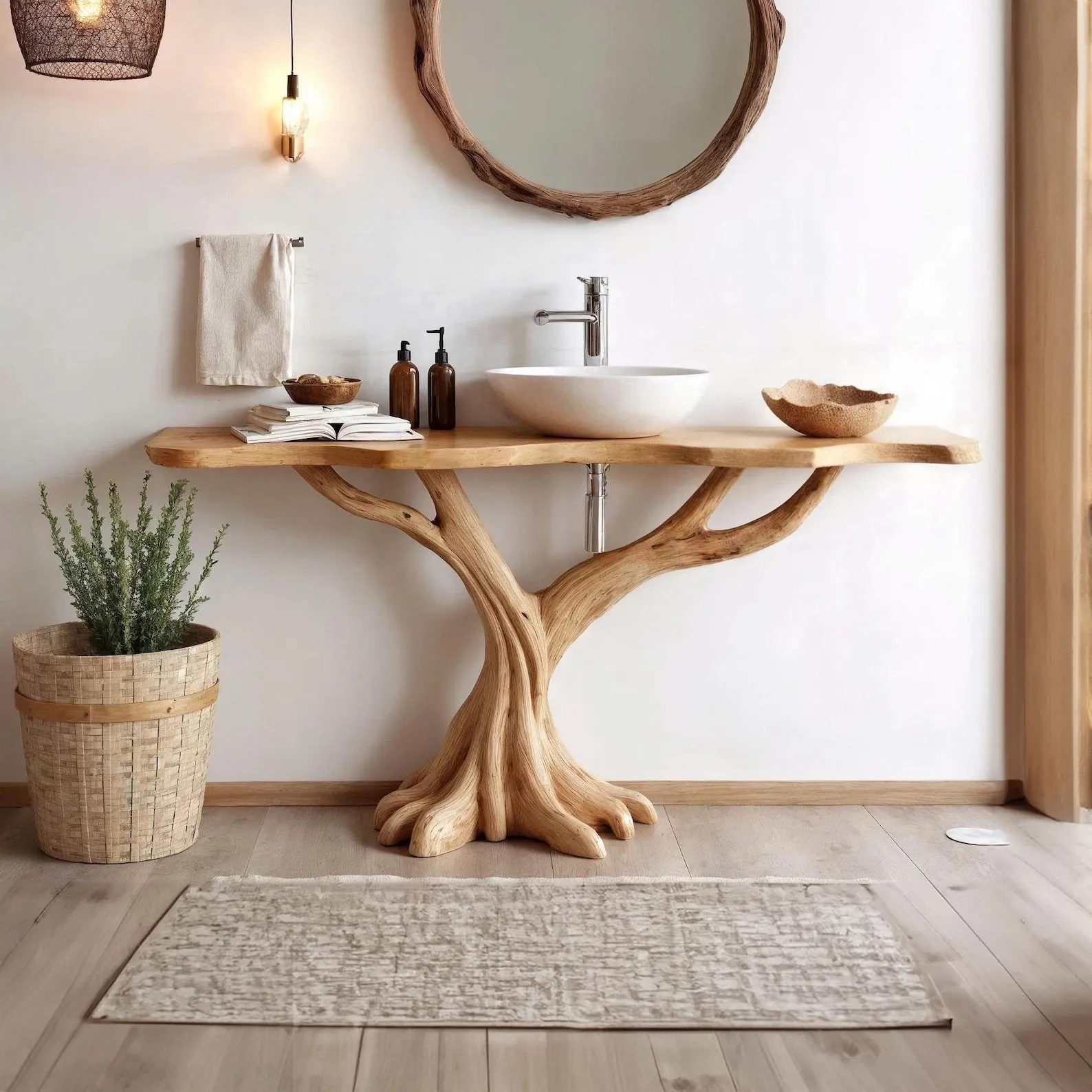 Rustic bathroom vanity shelf wood carving art tree root base live edge console table bathroom sink stand