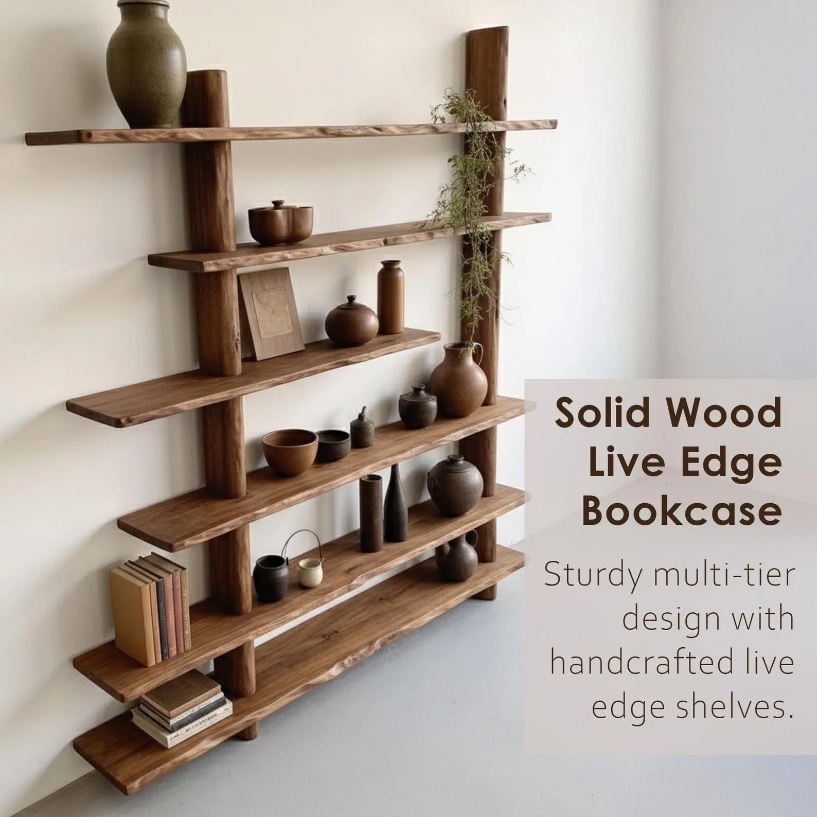 Wall mount bookcase solid wood live edge bookshelf hanging display cabinet book shelf - Image 7