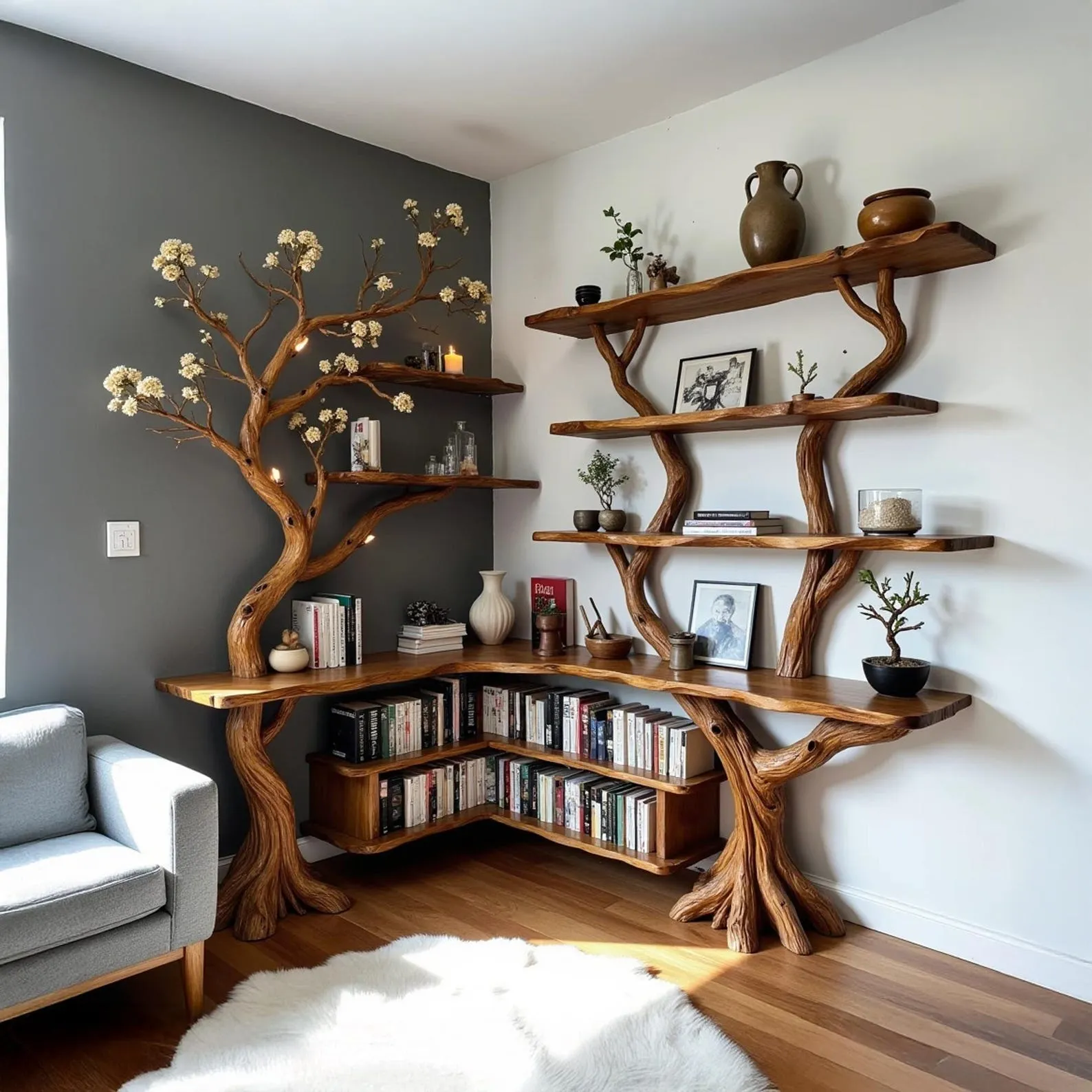 Tree branch bookshelf driftwood shelf art decor wall mounted bookcase