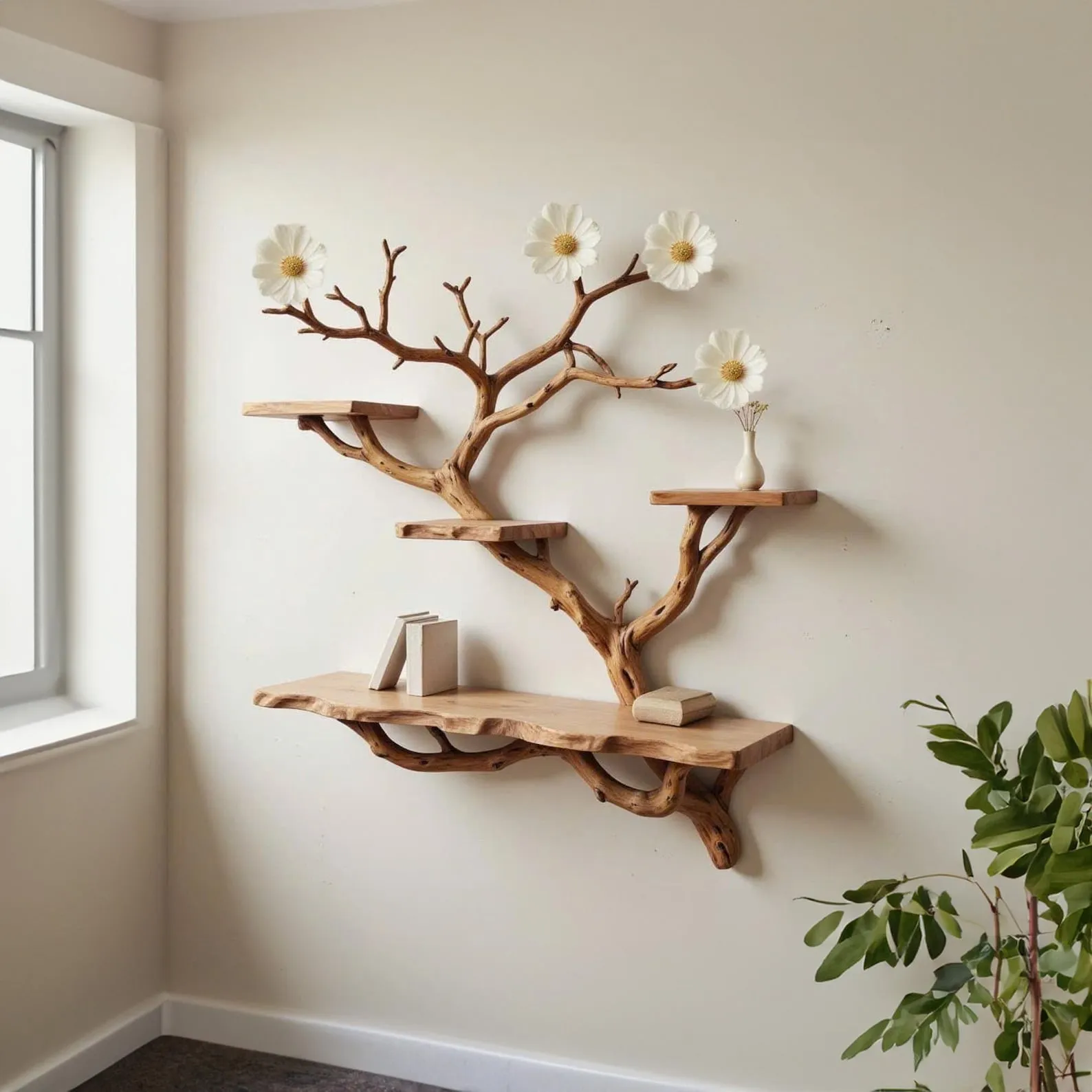Tree branch book shelf floor bookcase solid wood driftwood shelving wall mounted shelves wood carving art