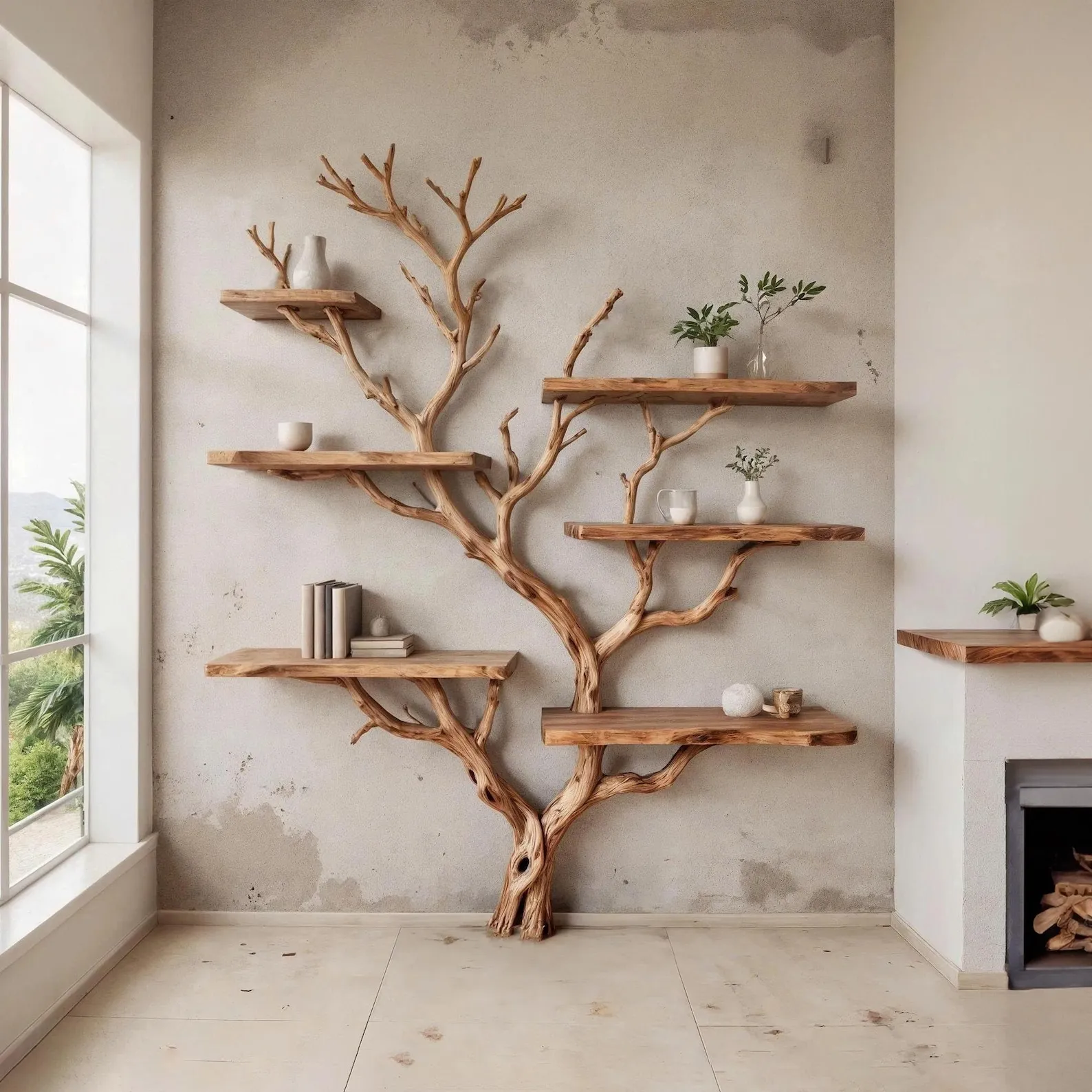Tree branch bookshelf art decor driftwood shelf wall mounted solid wood bookcase