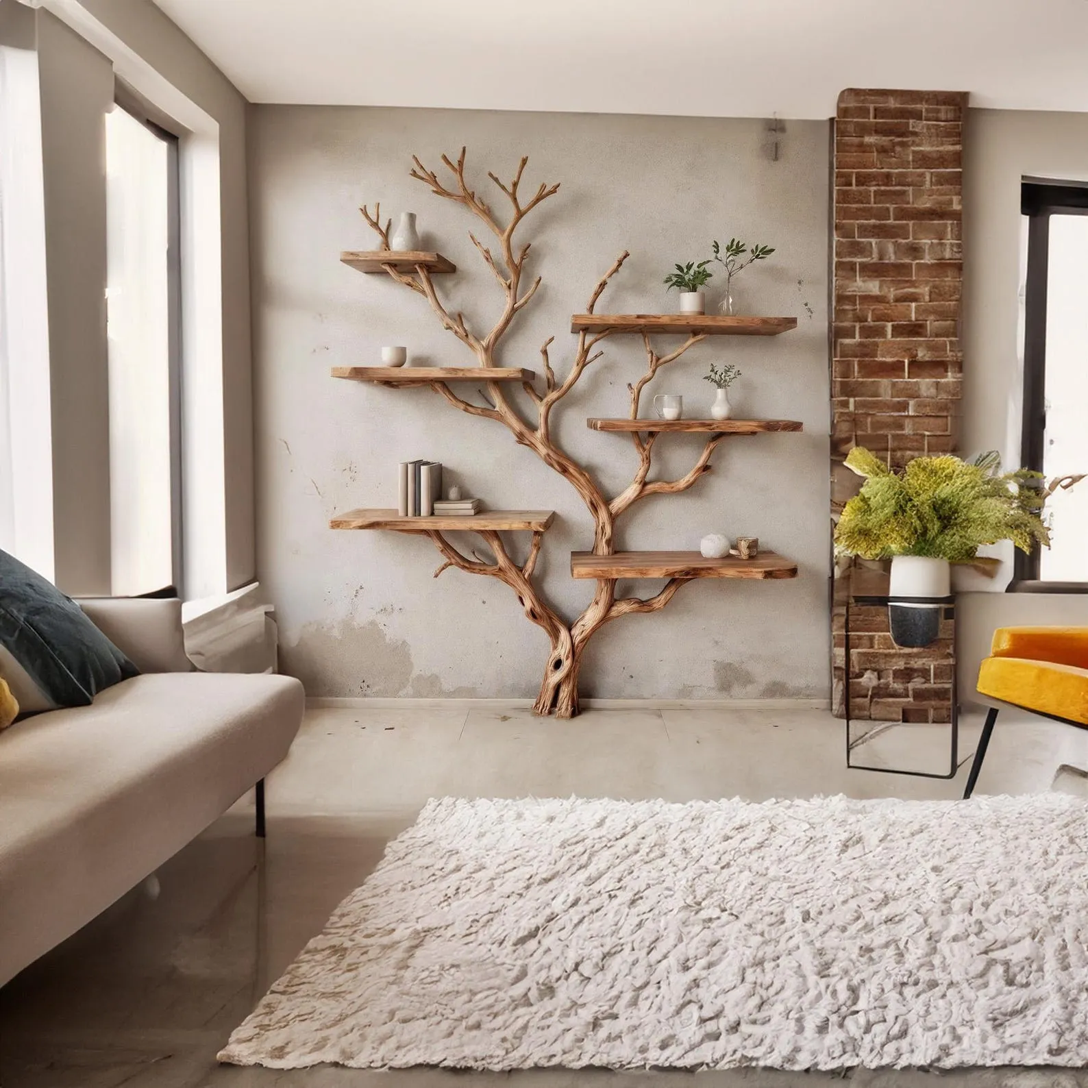 Tree branch bookshelf art decor driftwood shelf wall mounted solid wood bookcase - Image 3