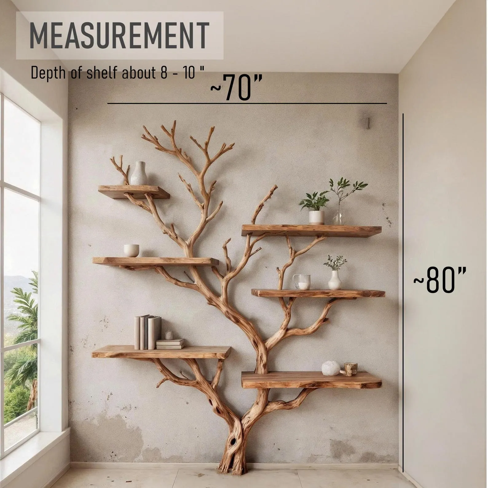 Tree branch bookshelf art decor driftwood shelf wall mounted solid wood bookcase - Image 8