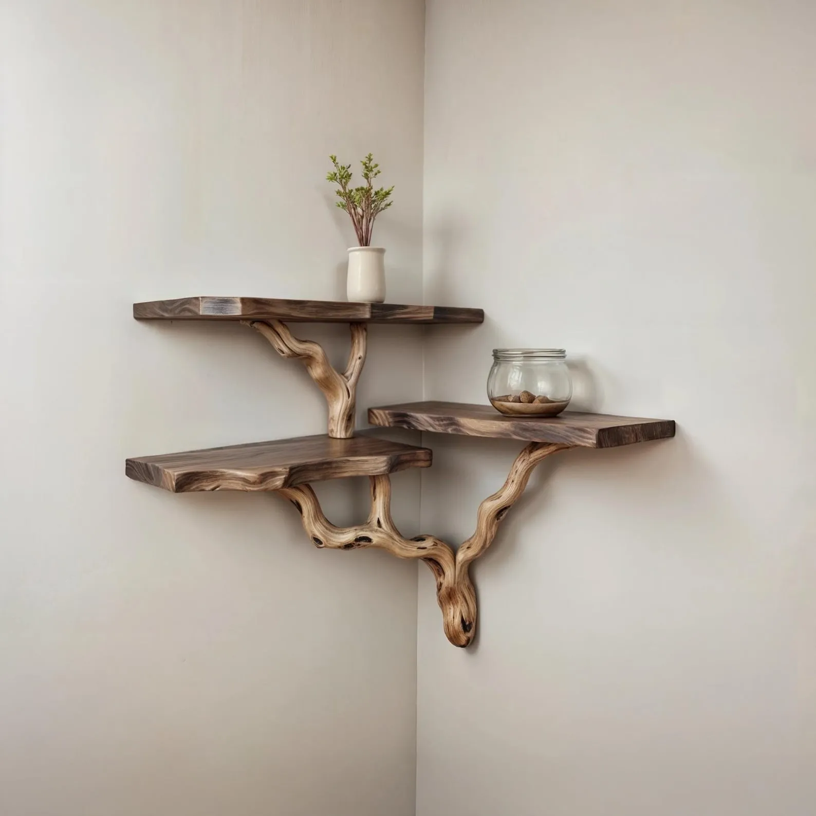 Tree branch bookshelf floating live edge shelf fake leaf wall mount tree shelf handcraft solid wood furniture