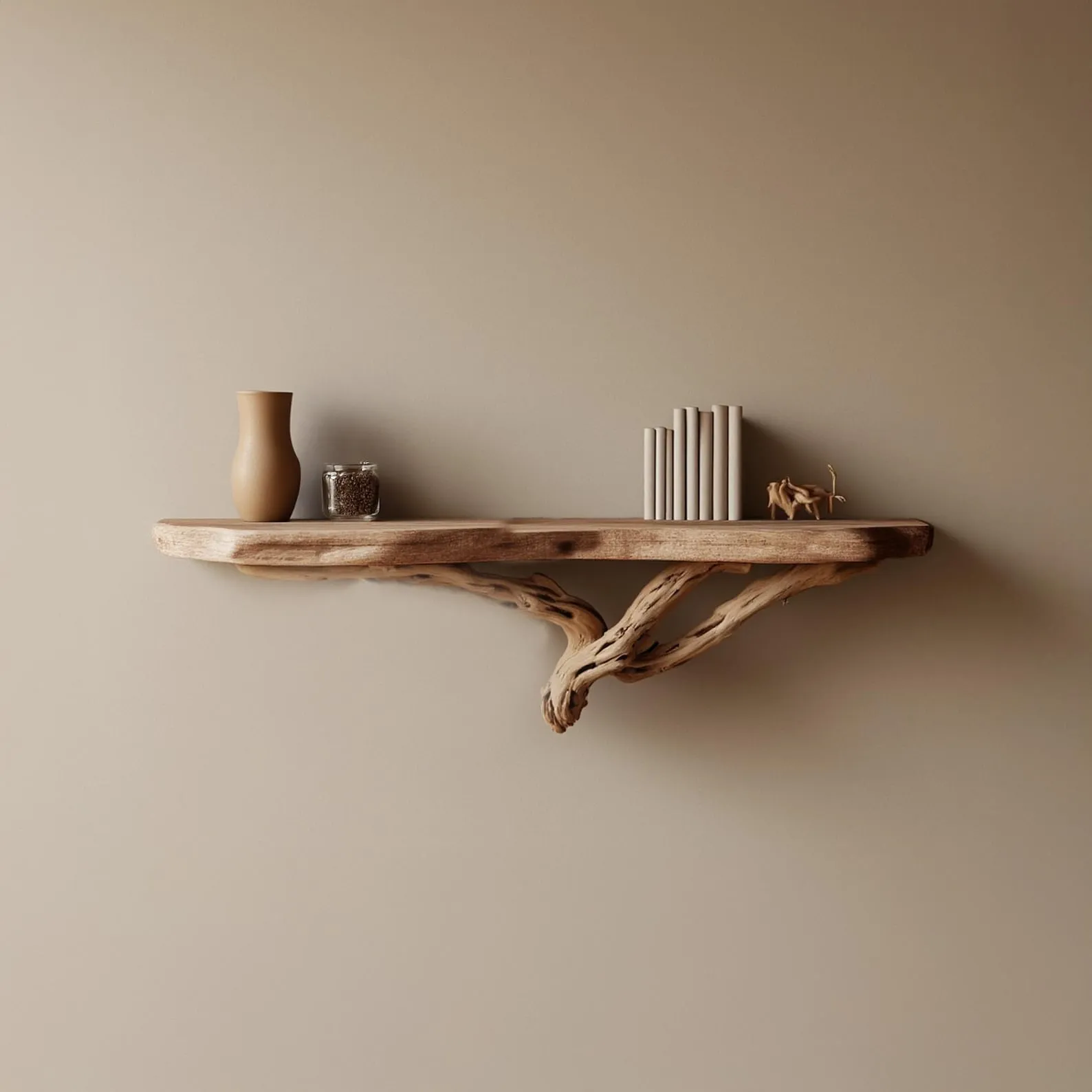 Corner tree floating bookshelf driftwood branch live edge corner tree shelf art wall mount rustic decor living room