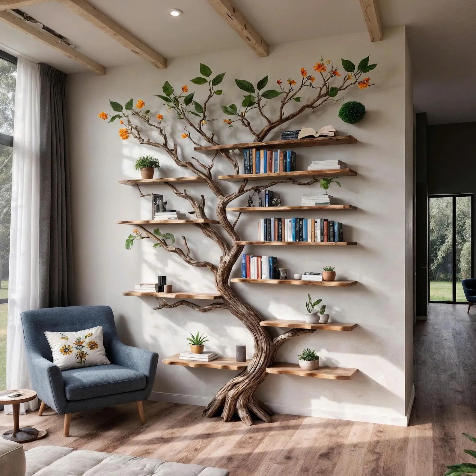 Tree floating shelf solid wood bookshelf wall art natural driftwood branch floor bookcase wood carving decor