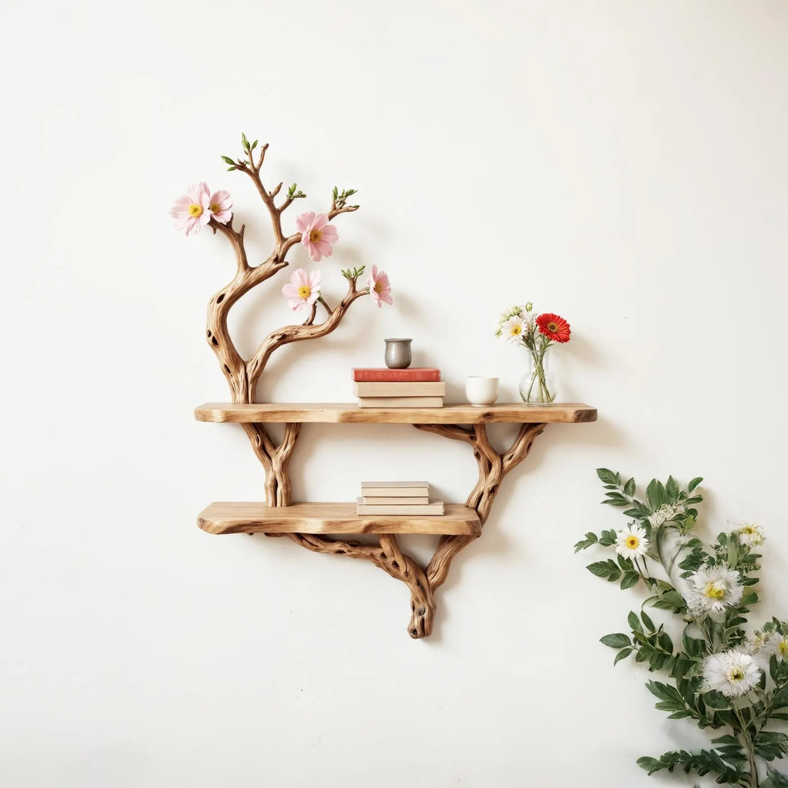 Flower tree branch bookshelf driftwoood tree shelf wall mount live edge shelving bookcase art decoration