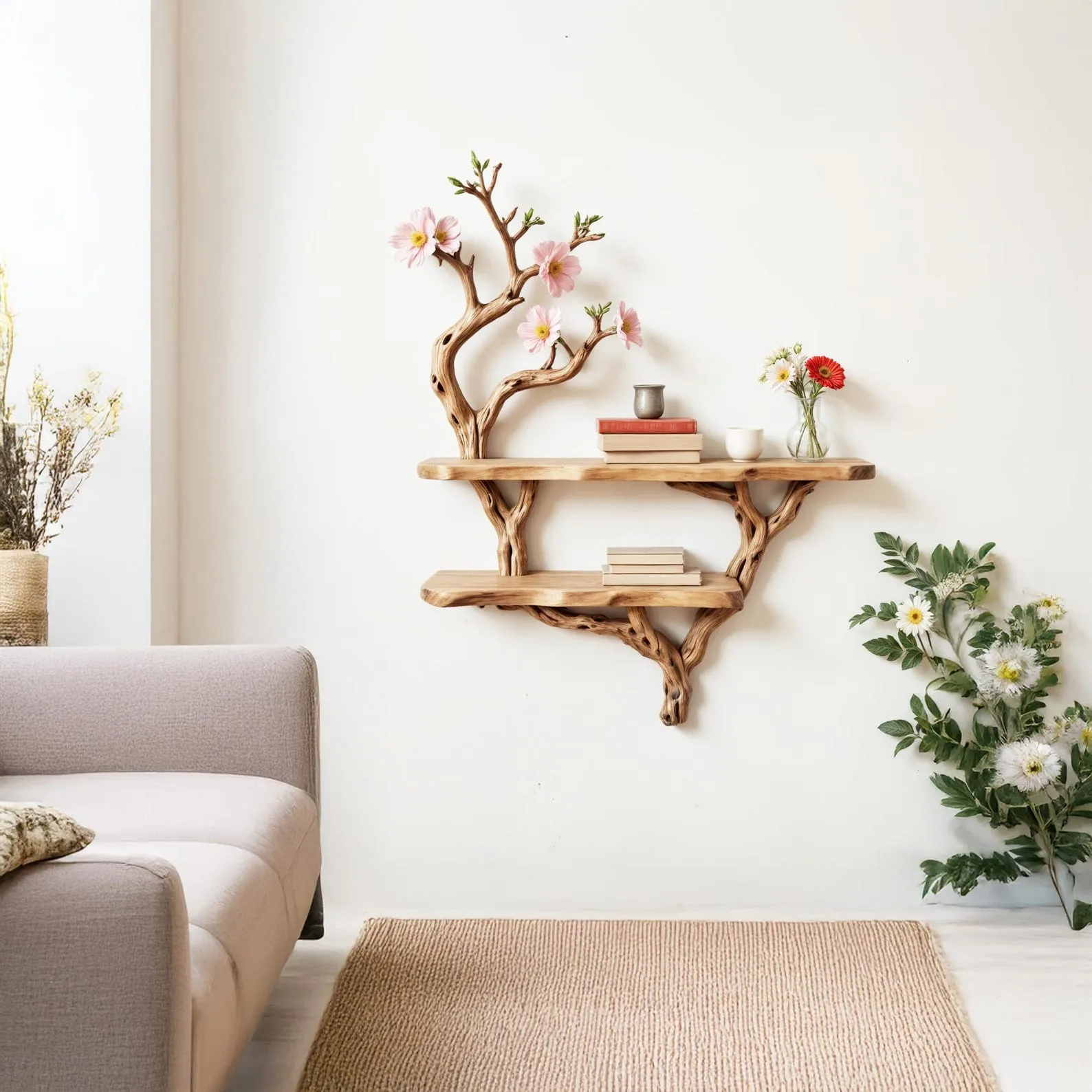 Flower tree branch bookshelf driftwoood tree shelf wall mount live edge shelving bookcase art decoration - Image 2