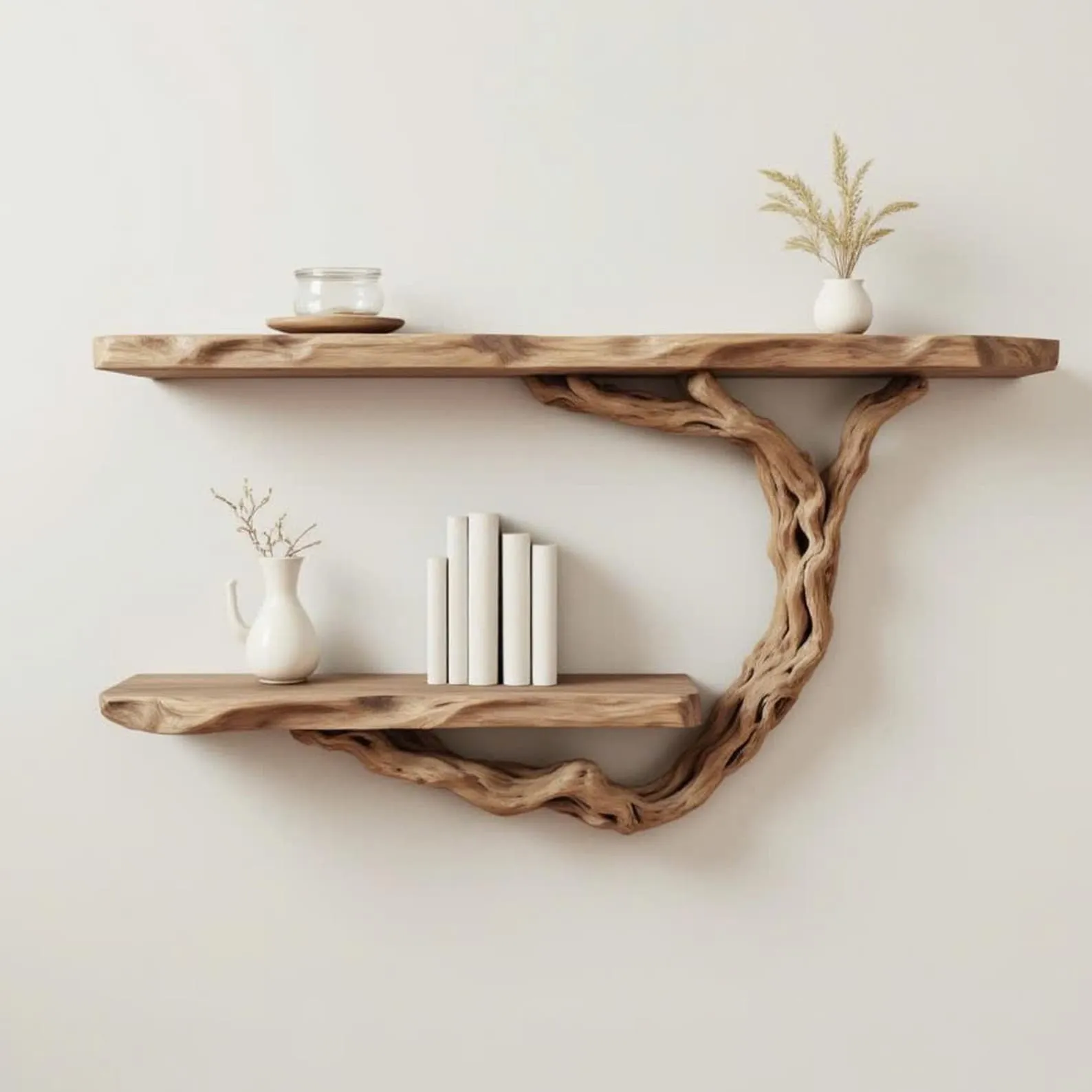 Tree bookshelf with natural driftwood branch wall mounted art solid wood bookcase handmade home decor gift