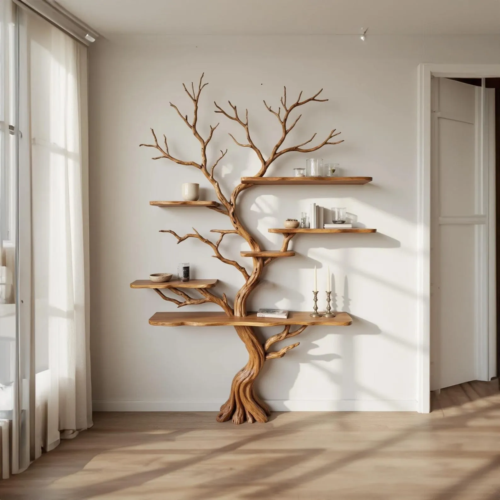 Tree branch bookshelves on wall natural wood bookcase floor bookshelf driftwood wall art unique handcrafted