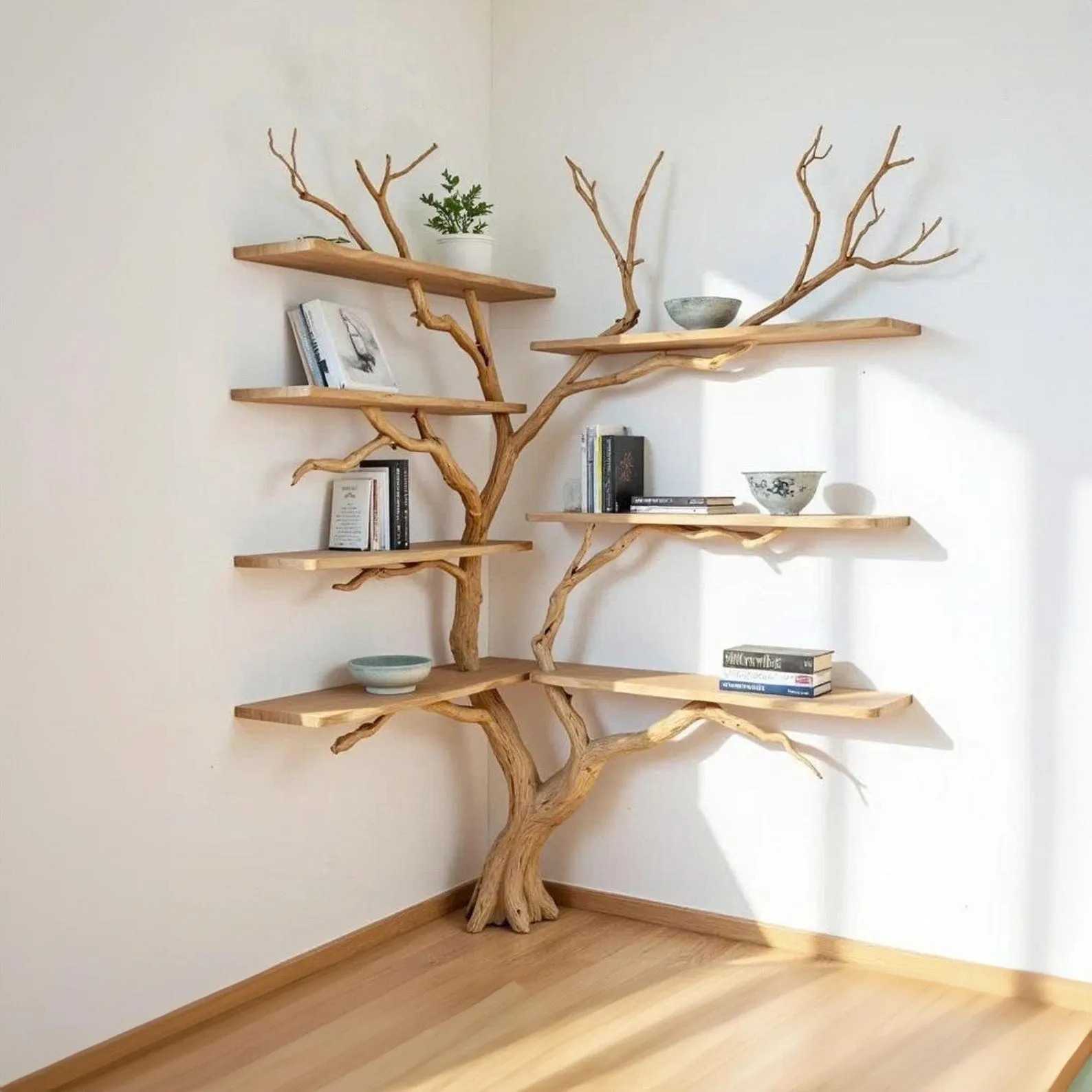 Tree branch bookshelf wall mounted bookcase driftwood shelf solid wood bookshelves art decor
