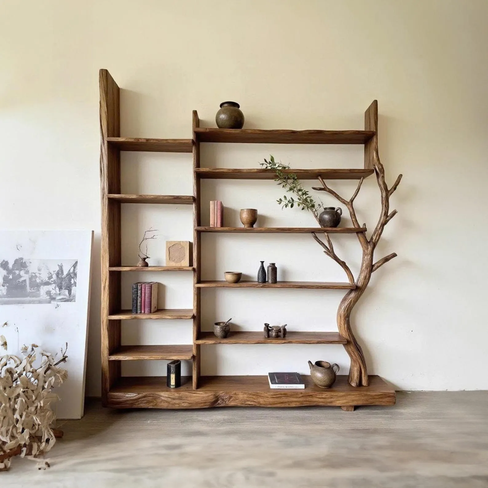 Floor bookshelf driftwood branch floating corner shelf wall mounted with fake flowers handmade furniture decor