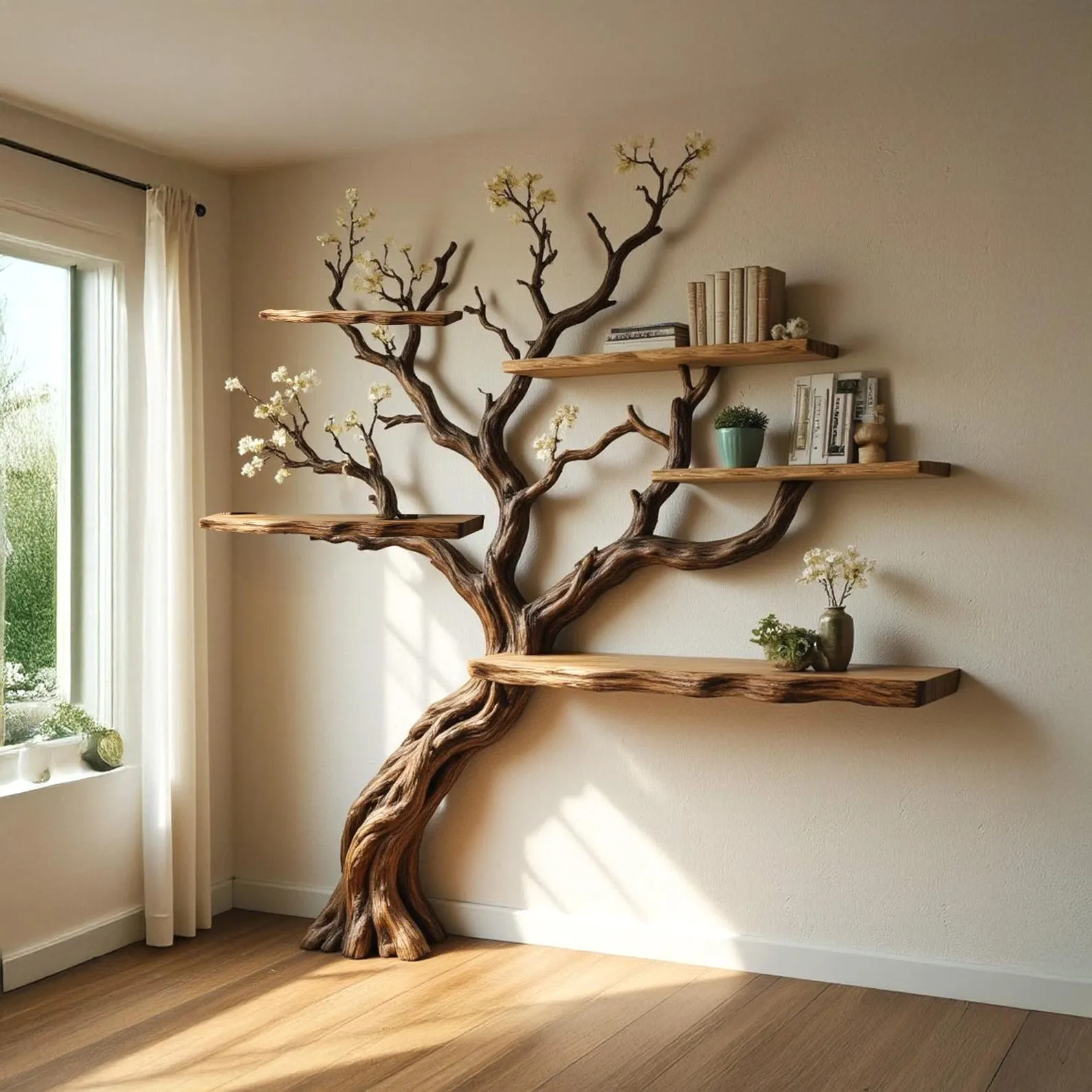 Flower tree branch bookshelf driftwoood tree shelf wall mount live edge shelving bookcase art decoration