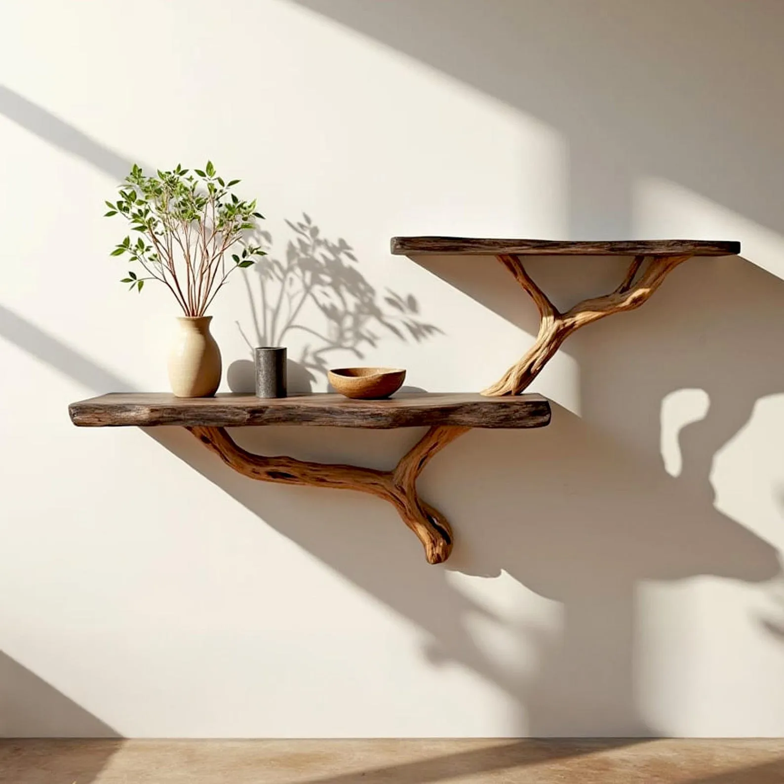 Driftwood floating shelf tree branch wall mount solid wood bookshelf art rustic decor handmade furniture