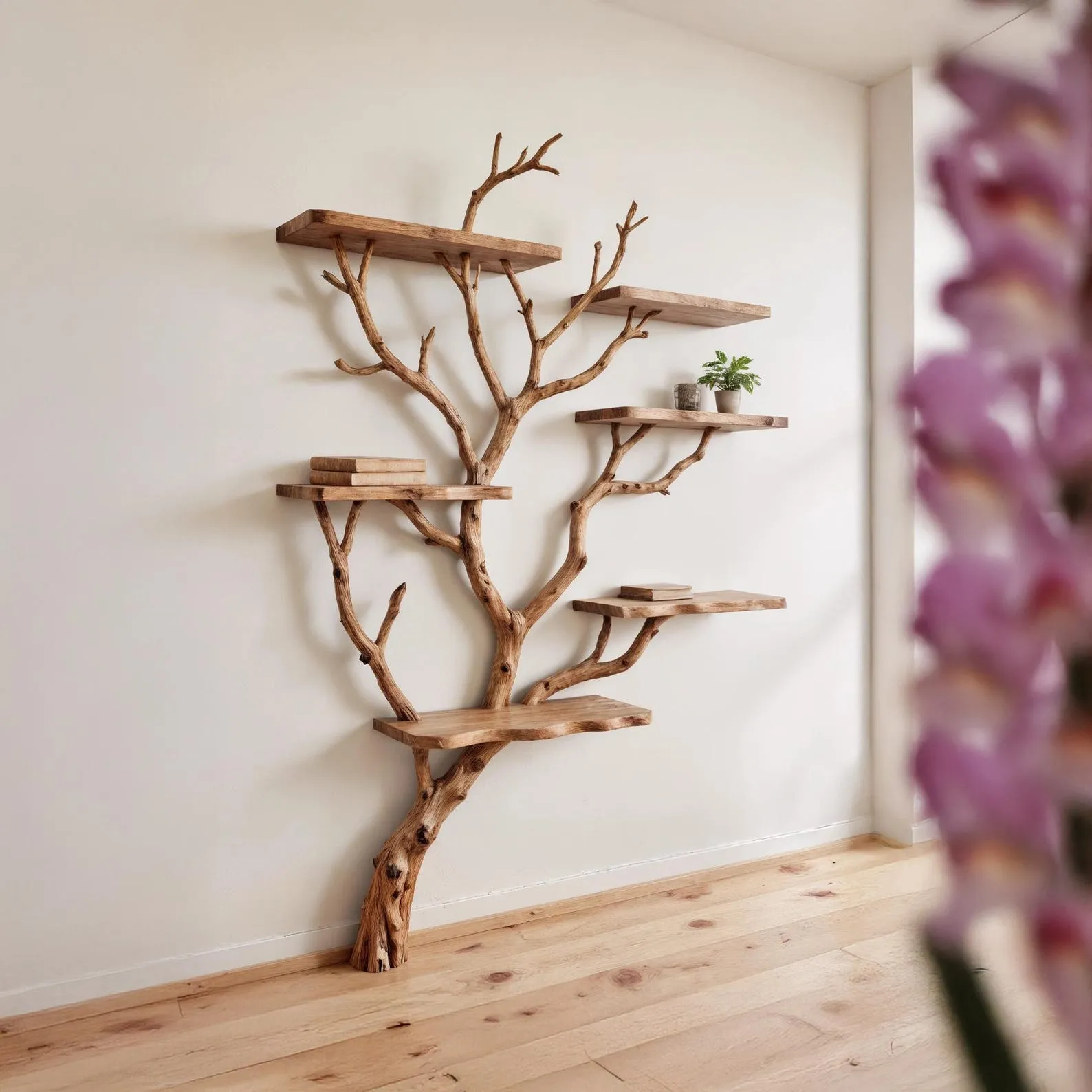 Tree branch bookshelf wall mounted bookcase driftwood shelf solid wood bookshelves art decor