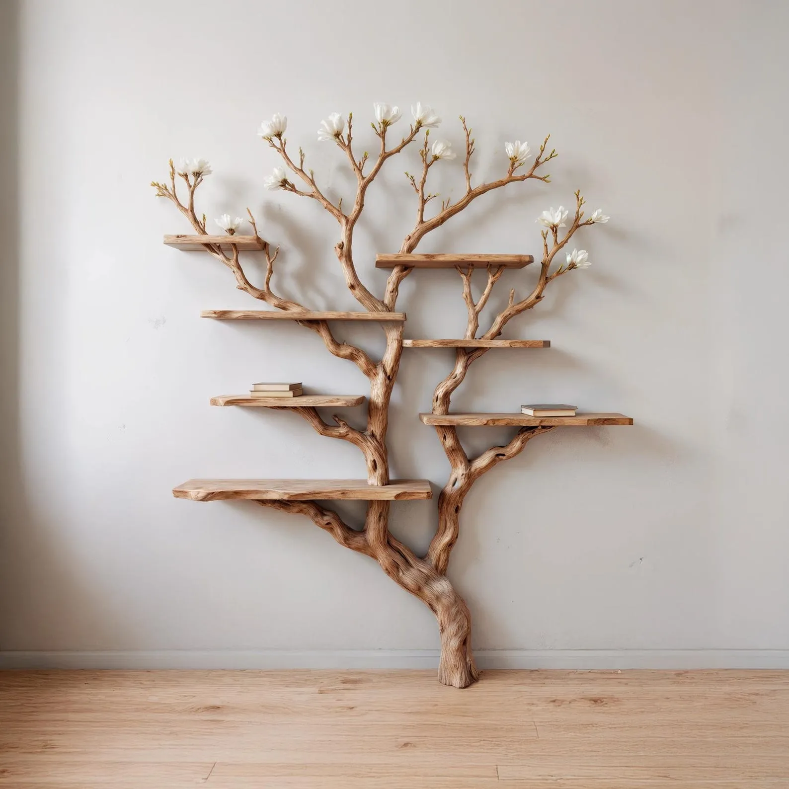 Tree bookshelf art driftwood shelf wall mounted bookcase solid wood bookshelves decor for living room