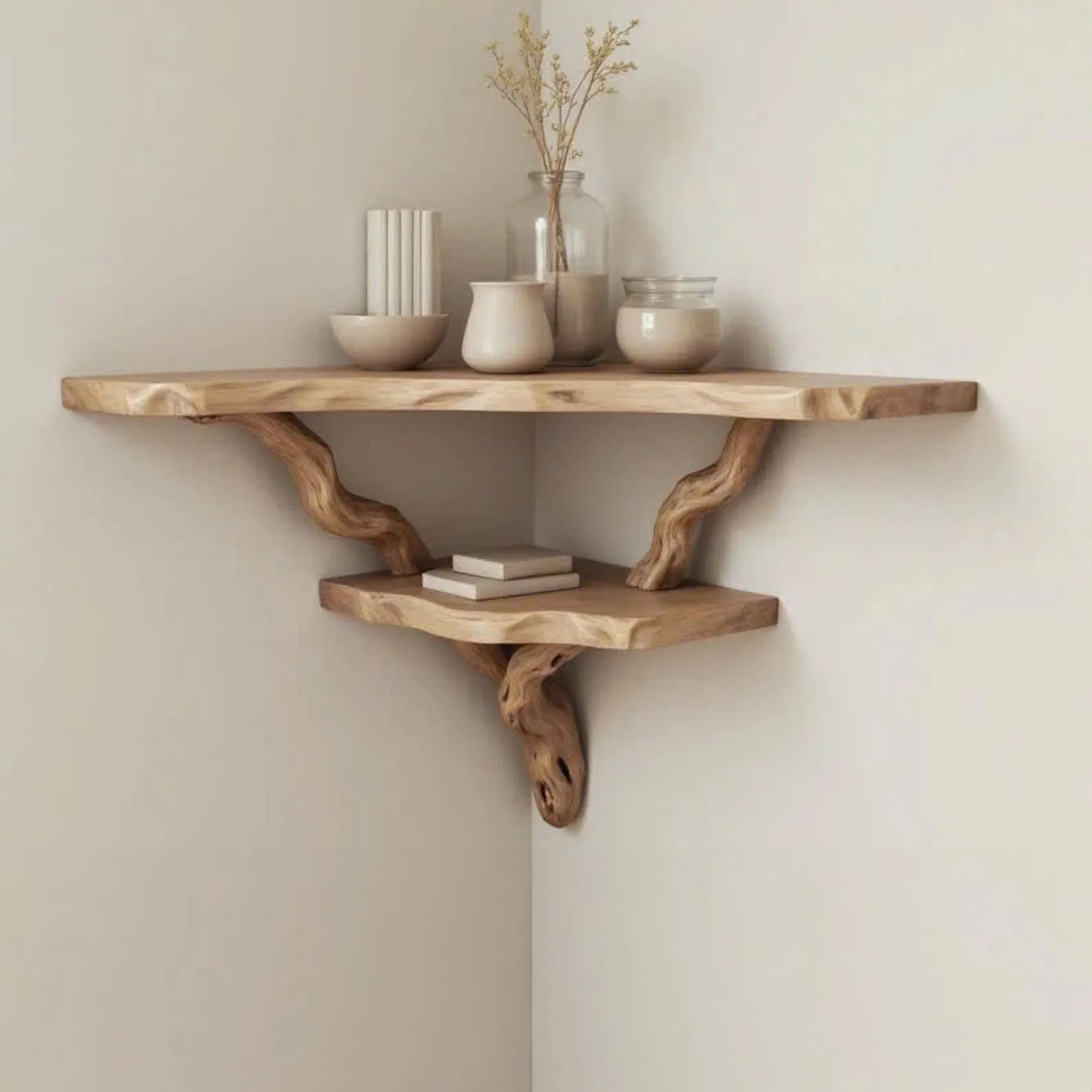 Floating corner shelf driftwood branch wall mounted shelf art bookshelf solid wood decor for home