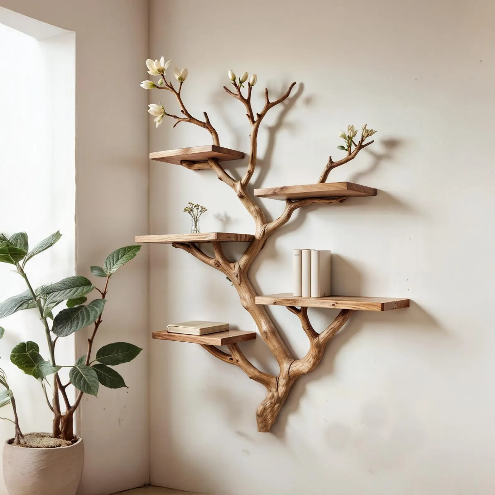 Natural tree bookshelf driftwood branch shelf art solid wood bookshelf floating shelf wall mount bookshelf decor