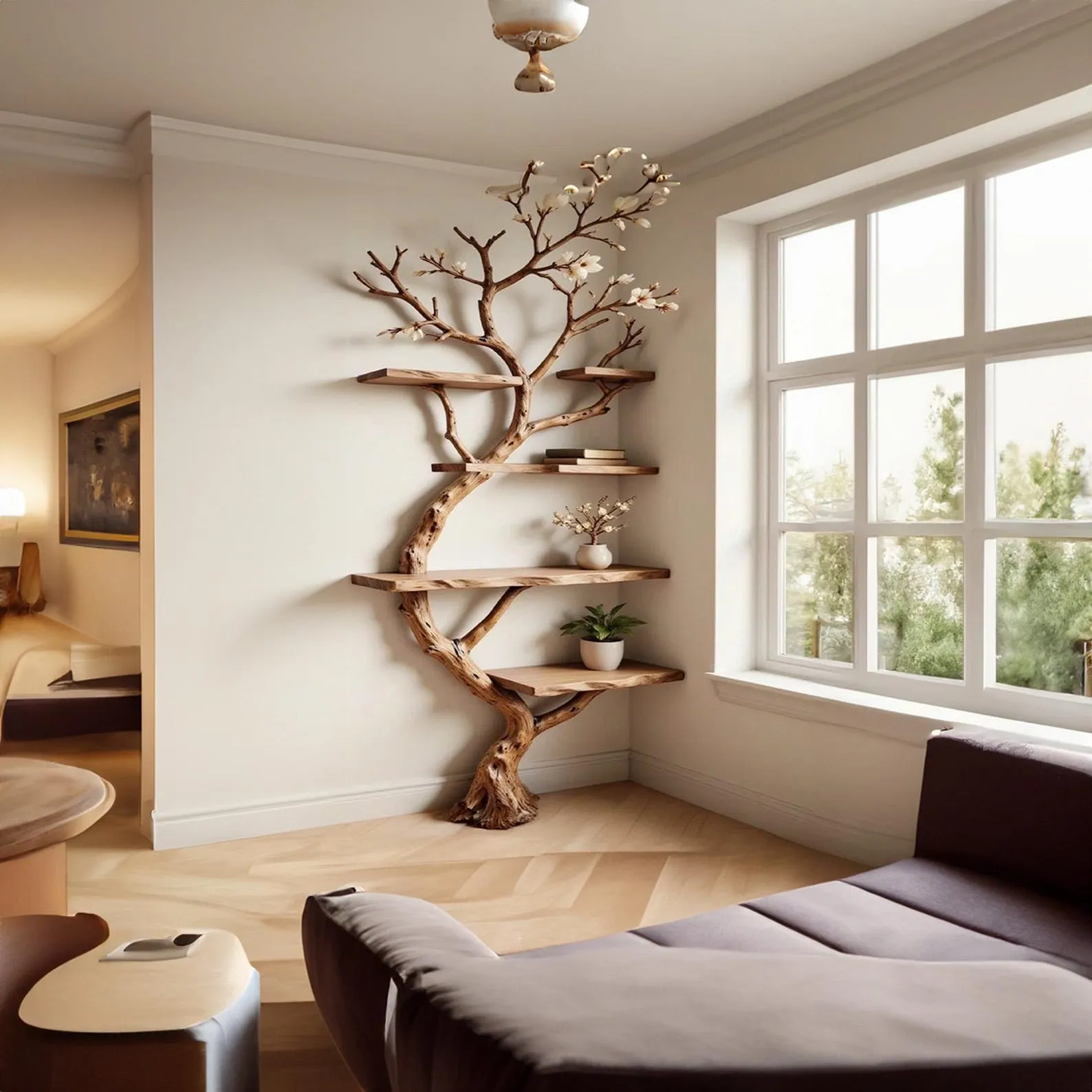 Tree branch bookshelf corner floating wood shelf on wall art driftwood branch book shelf unique decor - Image 10