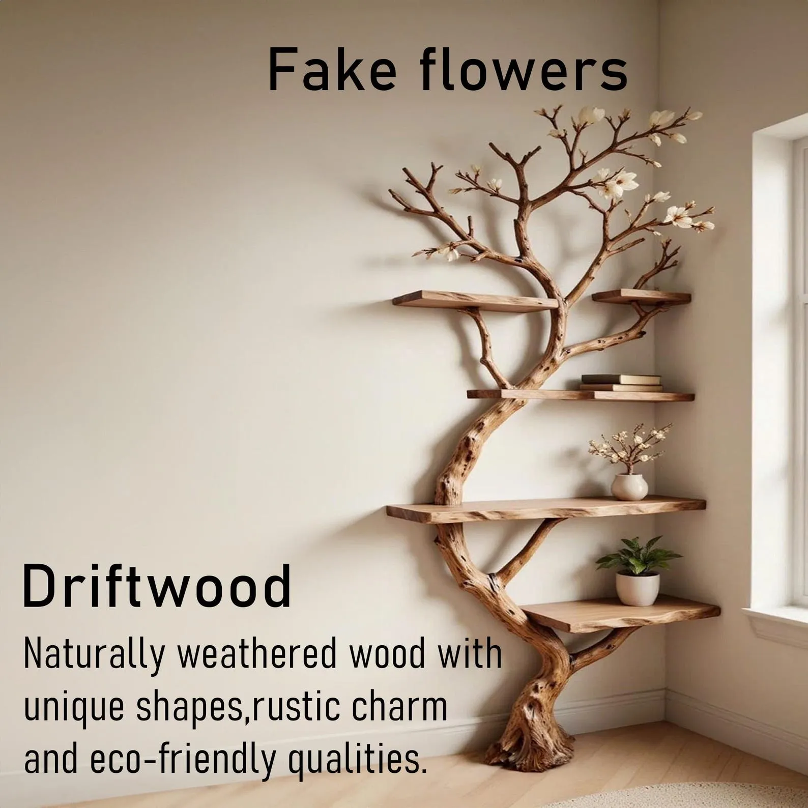 Tree branch bookshelf corner floating wood shelf on wall art driftwood branch book shelf unique decor - Image 2