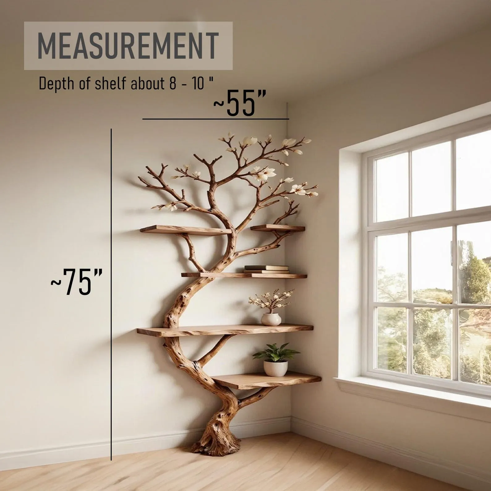 Tree branch bookshelf corner floating wood shelf on wall art driftwood branch book shelf unique decor - Image 8