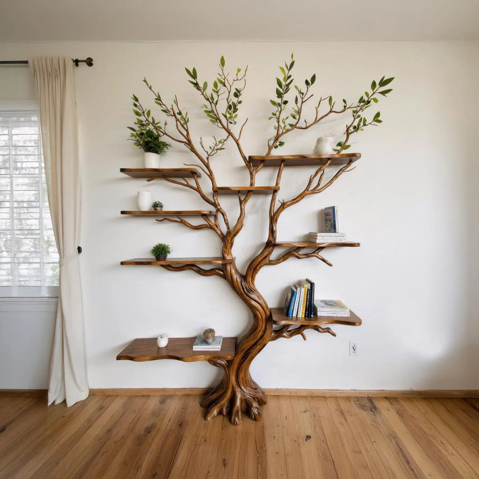 Tree bookshelf driftwood branch shelf on wall mount art solid wood bookcase unique bookshelves decor for living room