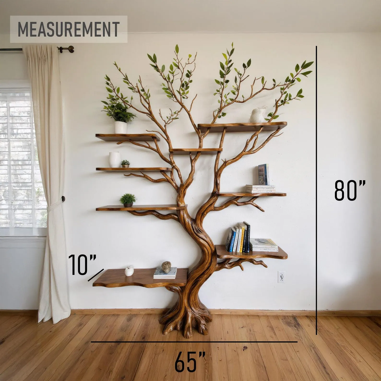 Tree bookshelf driftwood branch shelf on wall mount art solid wood bookcase unique bookshelves decor for living room - Image 3