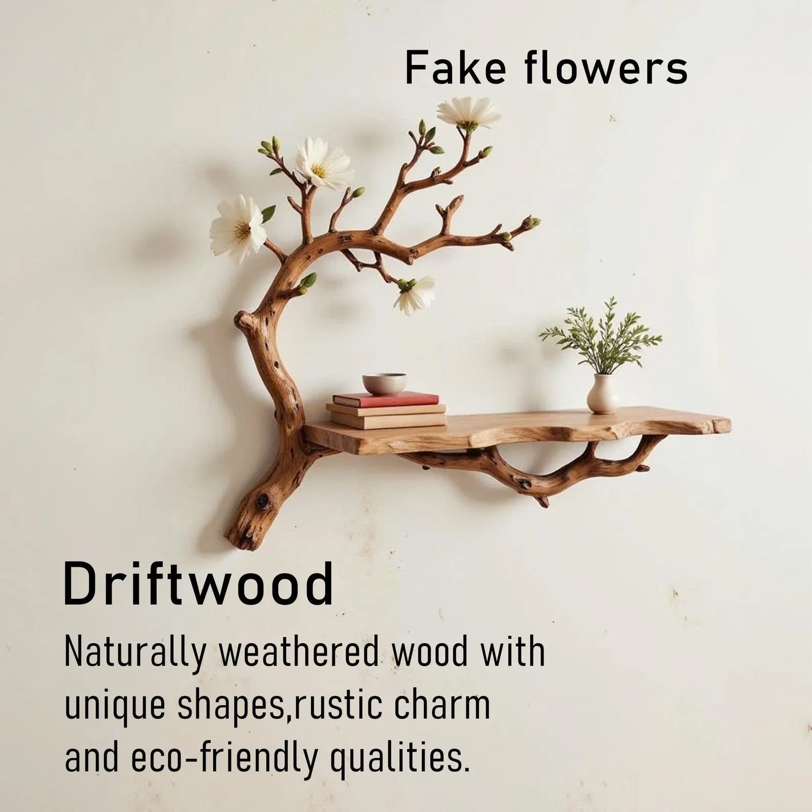Floating book shelf driftwood branch on wall fake flowers live edge shelves decor for home - Image 2